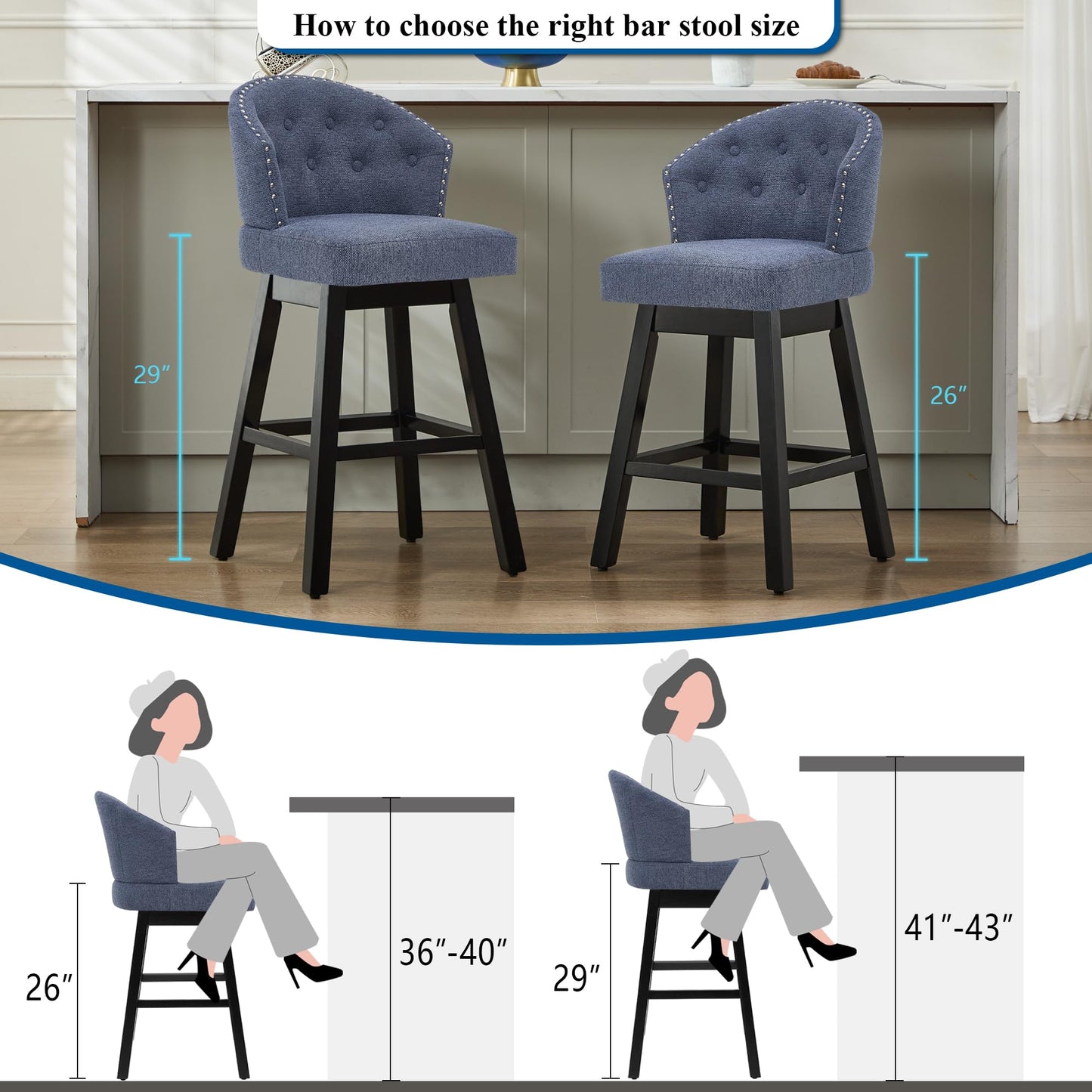 UDAX 29''Swivel Bar Stools Set of 2, Upholstered Barstools with Backs, Modern Counter Height Bar Stool Chairs for Kitchen Island, Wood Legs, Counter Stools