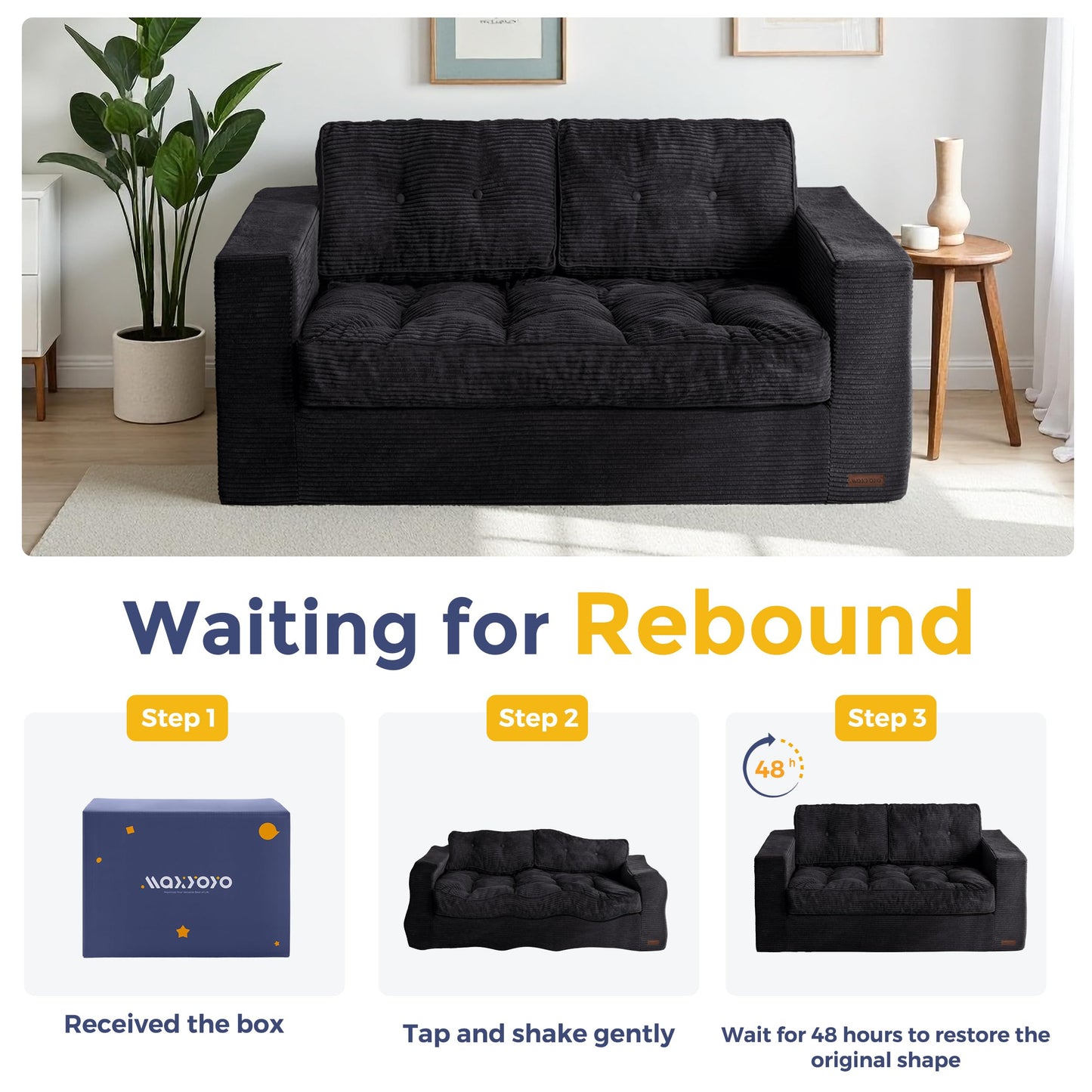 MAXYOYO Loveseat Sofa Couch, Upholstered Bean Bag Chair Cloud 2-Seat for Adults, Boneless Couch with Tufted Cushion & Pillows, Sofa in A Box, No Assembly Required, Black