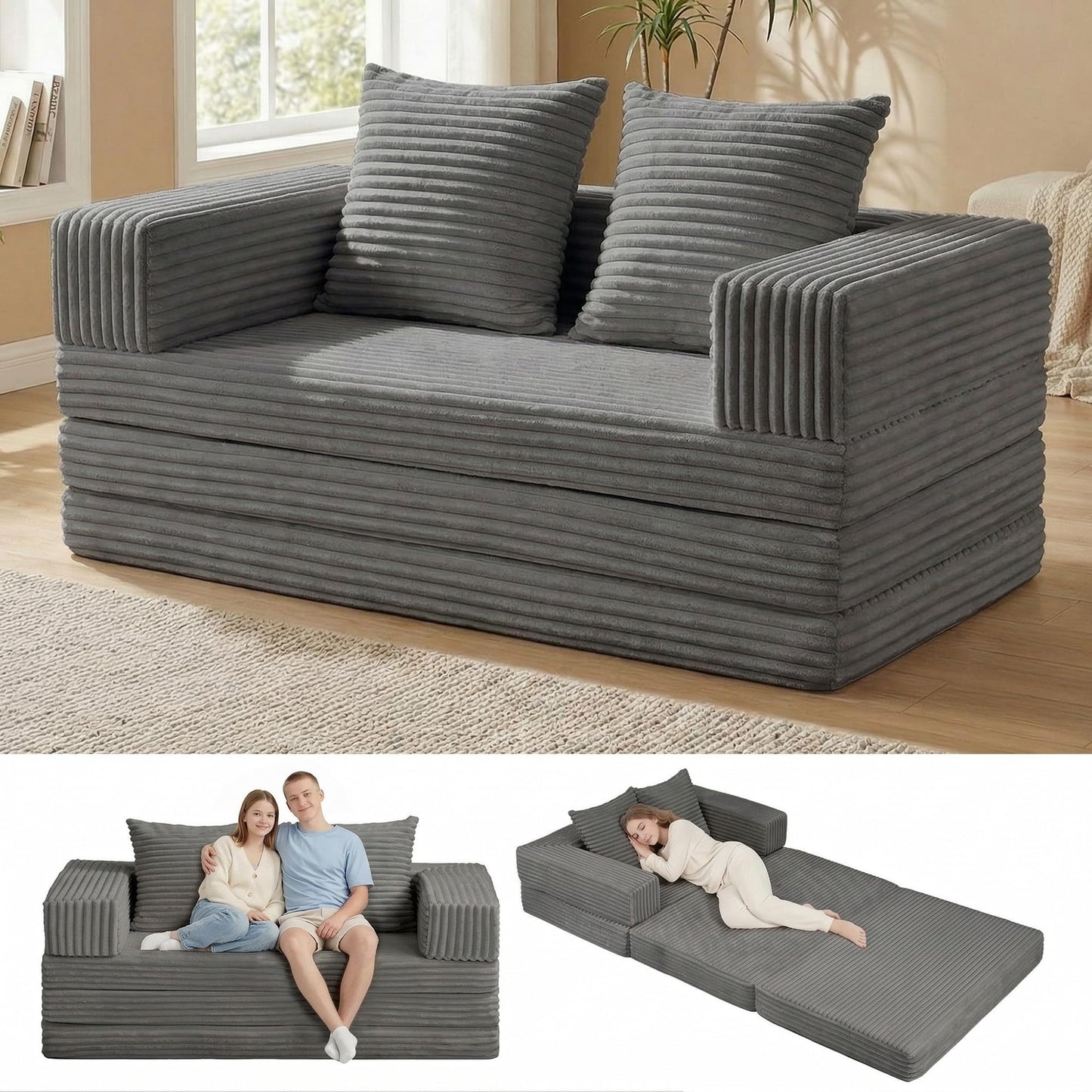 Winzoo Convertible Sofa Bed, 4-in-1 Boneless Loveseat with Removable Armrests Backrest, Corduroy Futon Couch Bed with Pillow, Foldable Mattress Sleeper Sofa for Living Room Bedroom Small Place (Grey)