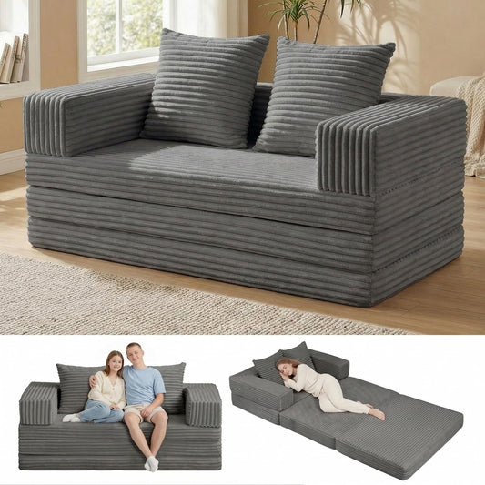Winzoo Convertible Sofa Bed, 4-in-1 Boneless Loveseat with Removable Armrests Backrest, Corduroy Futon Couch Bed with Pillow, Foldable Mattress Sleeper Sofa for Living Room Bedroom Small Place (Grey)