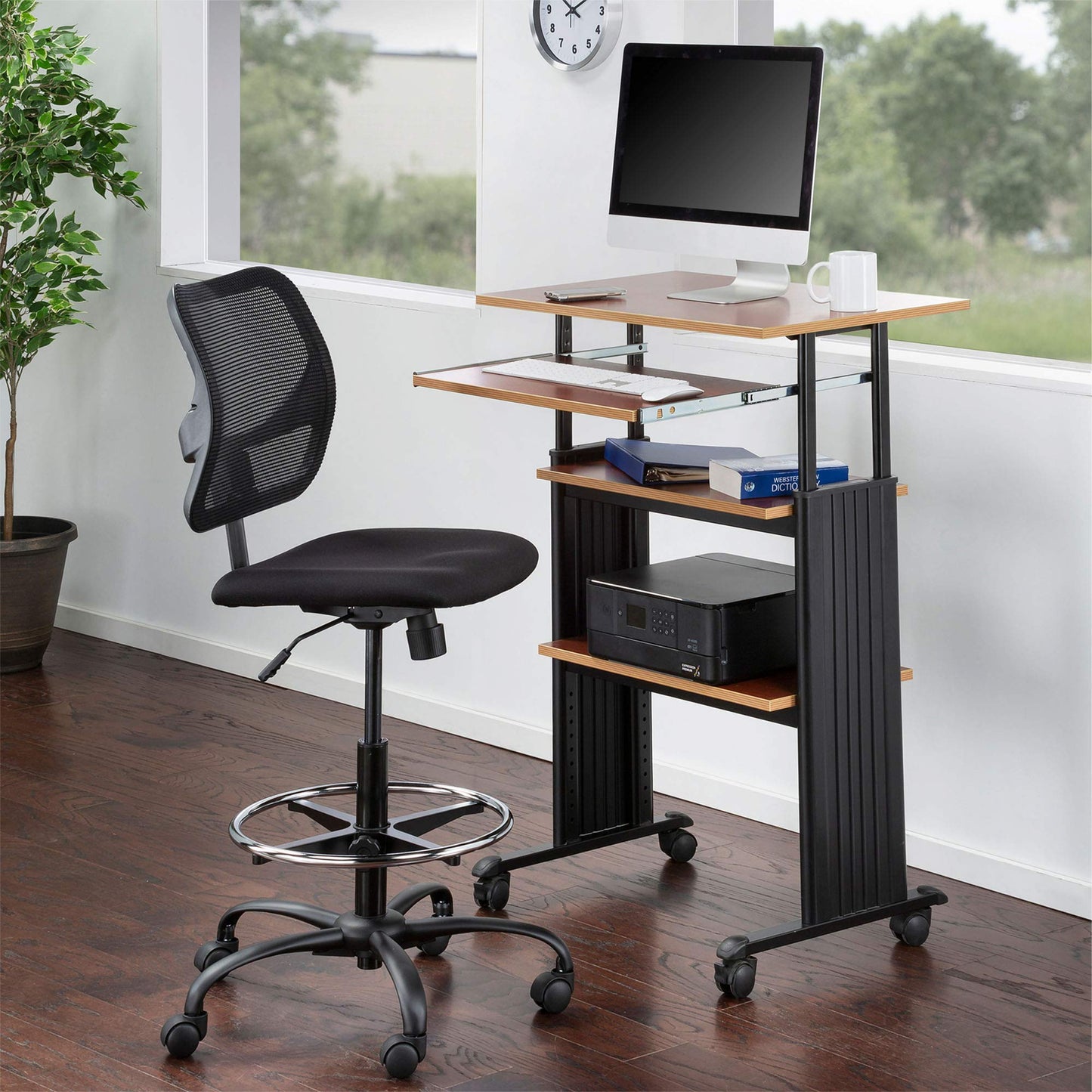 Safco MUV Adjustable-Height Desk – Stand Up & Move While Working in Comfort & Style – Mobile on Four Dual-Wheel Casters, Two Locking – Medium Oak Finish