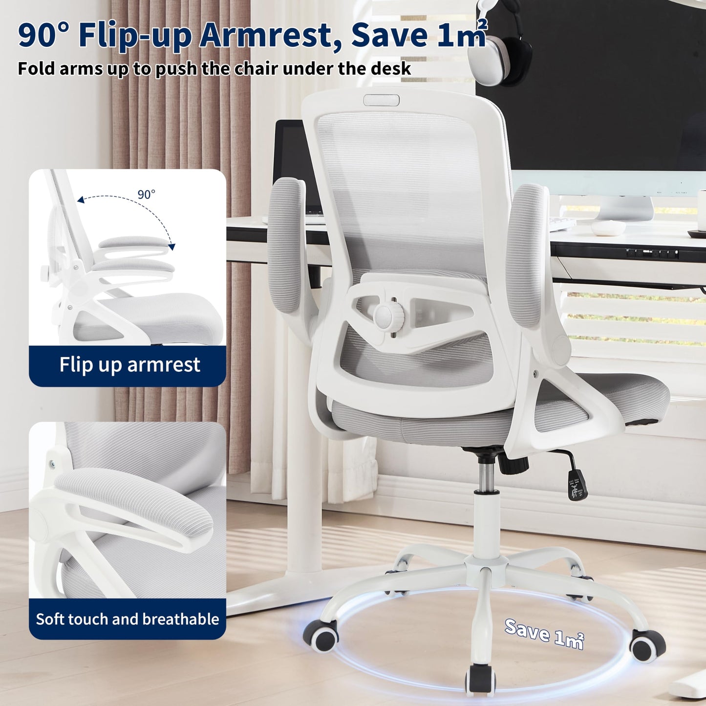 Nexthro Ergonomic Office Chair, Desk Chair with Adjustable Lumbar Support, Breathable Mesh Comfy Computer Chairs with Flip-up Armrests Executive Task Chair for Adults Home Office(Gray)
