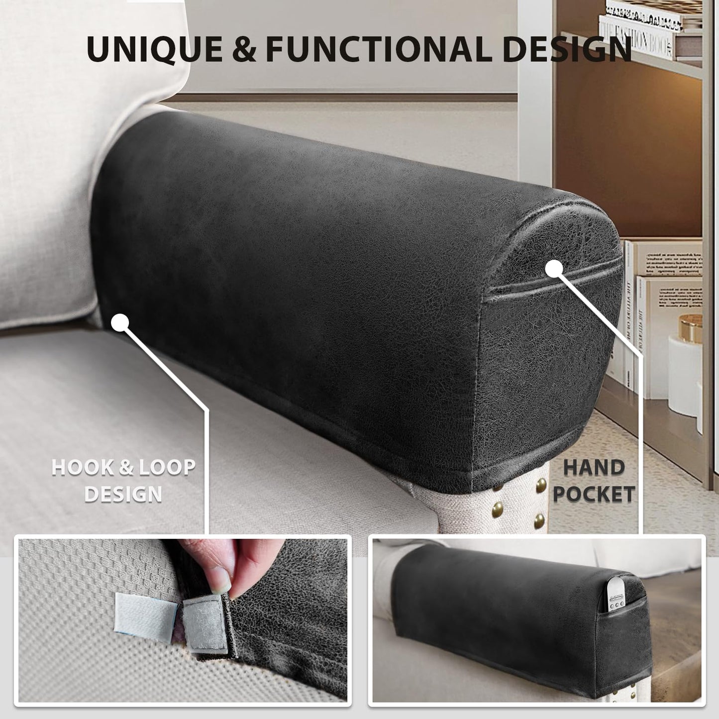 ANARACHON Leather Look Couch Arm Covers Set of 2 Armrest Covers for Sofa Chair Arm Protectors Stretch Armchair Slipcovers with Pockets Washable Spandex Fabric (Medium, Dark Grey)