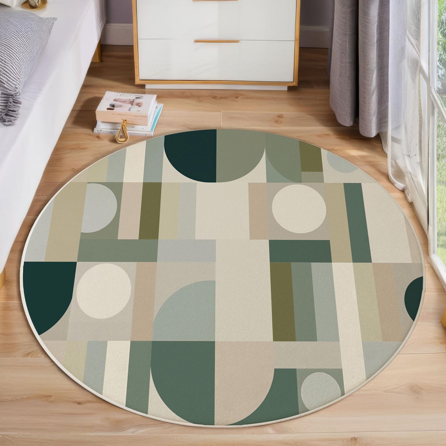 Geometric Abstraction Round Rug - 6Ft Washable Area Rug, Non-Slip Small Bathroom Rugs, Lightweight Semi-Circular Shape Print Carpet for Entryway, Sofa,Kids Room,Green