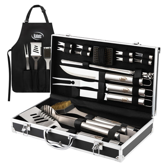 Kaluns Grilling Accessories, Dad Gifts for Fathers Day, Grilling Gifts, Heavy Duty Stainless Steel BBQ Tool Set for Outdoor Grill with Aluminum Case and Apron, Birthday Gifts for Men Women