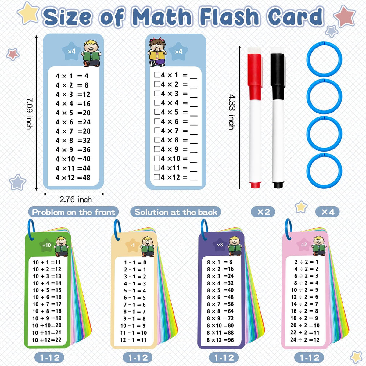 Anemeeoke 60Pack Multi Math Flash Cards, Addition Subtraction Multiplication Division Flashcard, with 2 Dry Erase Markers, 4 Rings, Educational Times Table Flashcards for Classroom Home