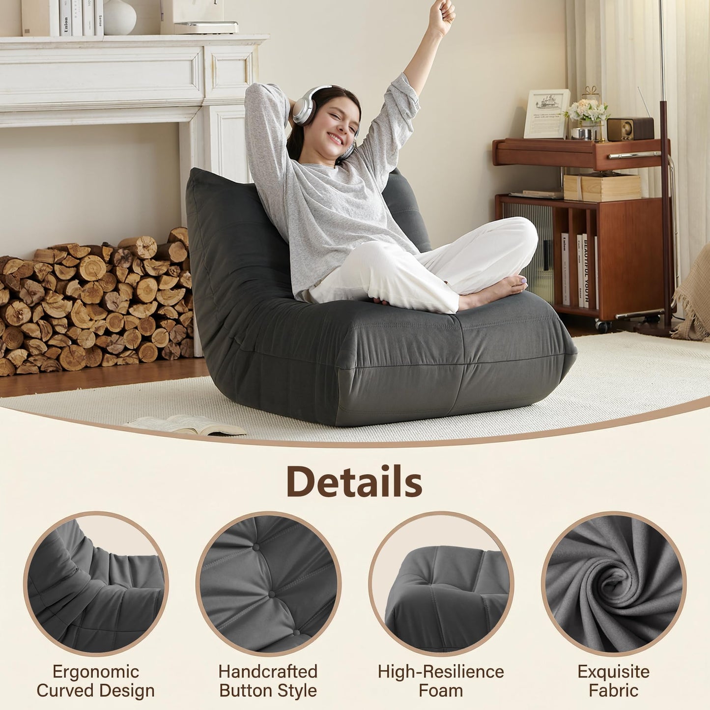 Gazecaia Comfy Bean Bag Chair for Adults Teens | Fireside Floor Lounge Chair,Soft Suede High-Resilience Memory Foam Bean Bag Couch with Non-Slip Base,for Living Room Bedroom Apartment Office,Dark Gray