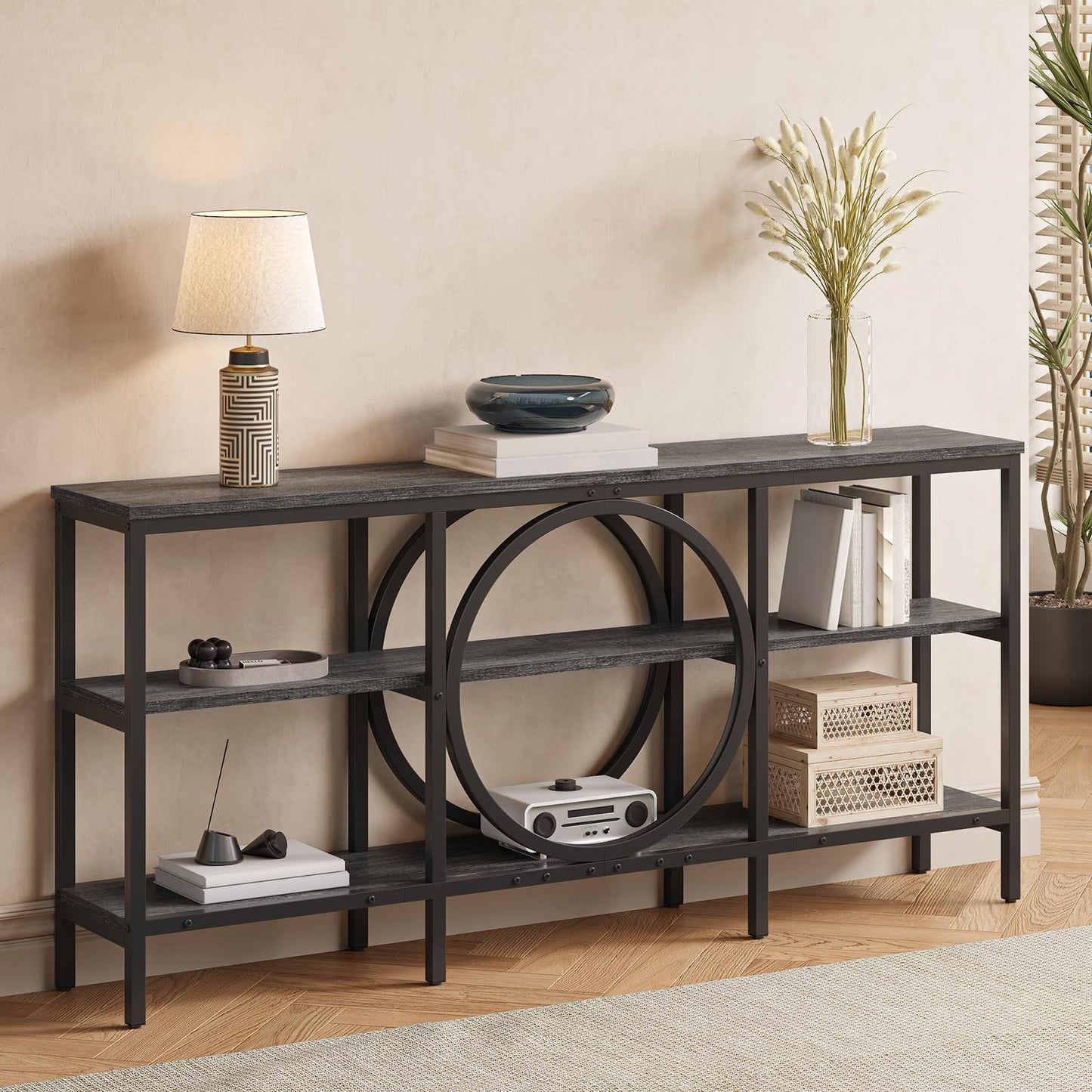 Tarnorci 66.9'' Console Table, 3-Tier TV Stand with Storage, Home Sofa Living Room Table Behind the Couch for Entryway (Grey Oak+Black)