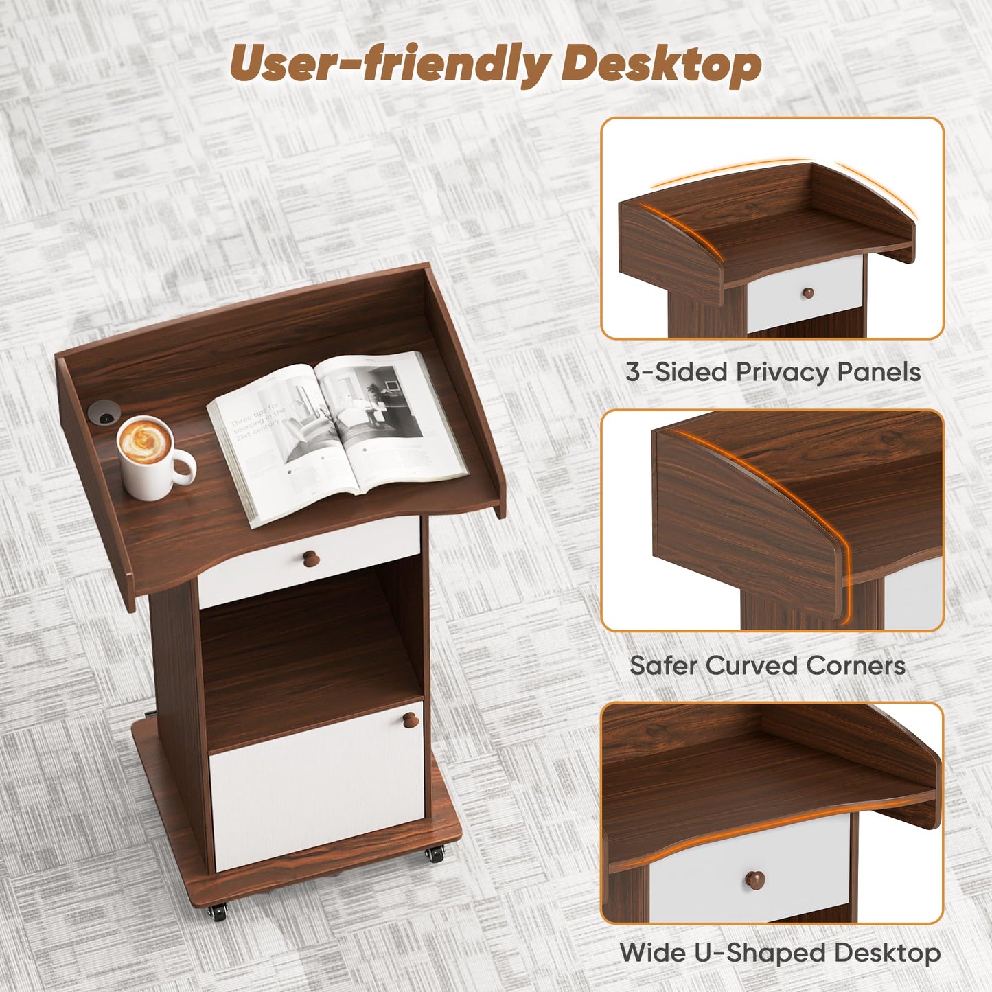 Suuiwau Mobile Wooden Podium Stand with Metal Wheels, Portable Pulpit with Drawer and Storage Cabinet, Built-in Cable Hole Lectern for Office Classroom Lecture Restaurant Church (Brown White)