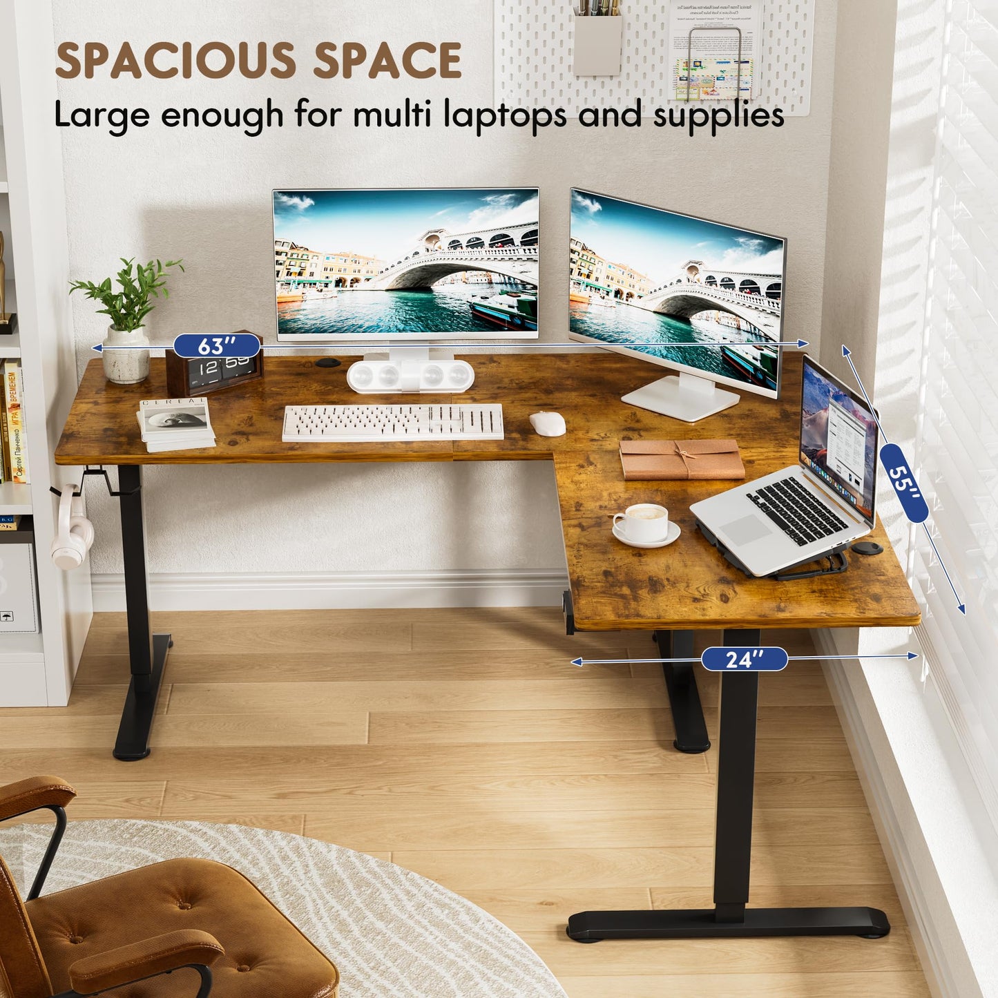 Furmax 63 x 55 Inch L Shaped Standing Desk with 2 Preset Heights, Electric Height Adjustable Computer Table, 2 Hooks & Feet Balance, Corner Sit Stand Desk for Home Office (Rustic Brown, 63 x 55 Inch)