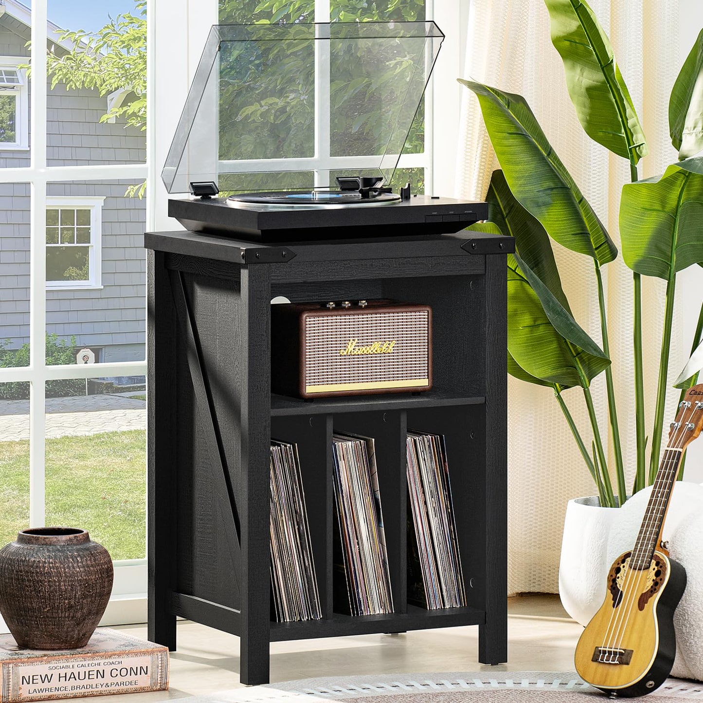 Joaxswe Record Player Stand with Vinyl Record Storage,Black Record Player Table Holds up to 160 Albums,Large Wood Turntable Stand Cabinet Dispaly Shelf for Living Room,Bedroom,Office