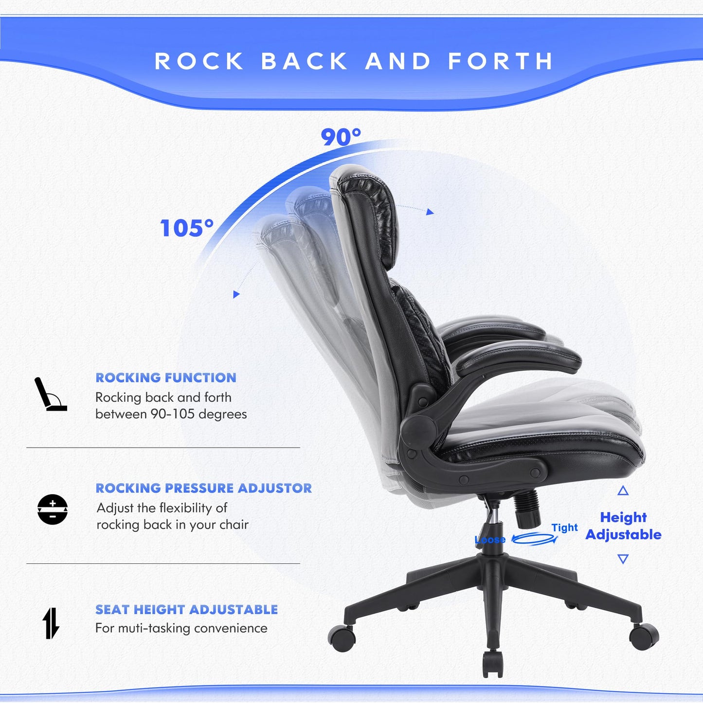 High Back Executive Office Chair-Ergonomic Computer Chair with Flip-up Arms, Executive Leather Office Chair, Adjustable Tilt Tension, Swivel Rolling Home Office Desk Chair-Black,300lbs