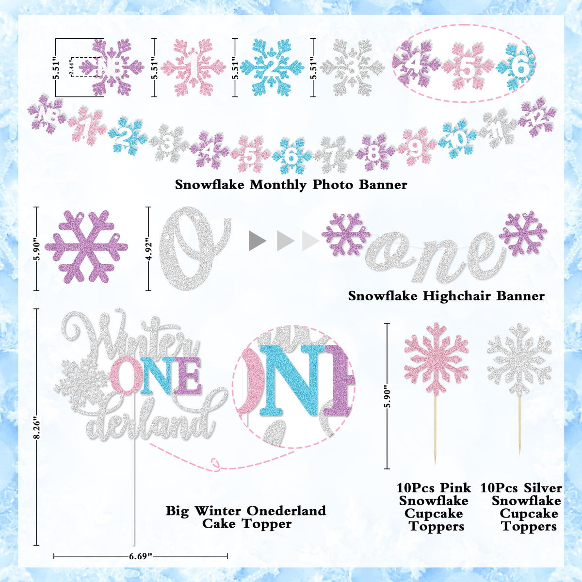 Winter Onederland 1st Birthday Decorations Girl, Winter Onederland Banner, Snowflake Photo Garland Highchair Banner Snowflake Balloon Arch Garland for Winter First Birthday Baby Shower Party Supplies