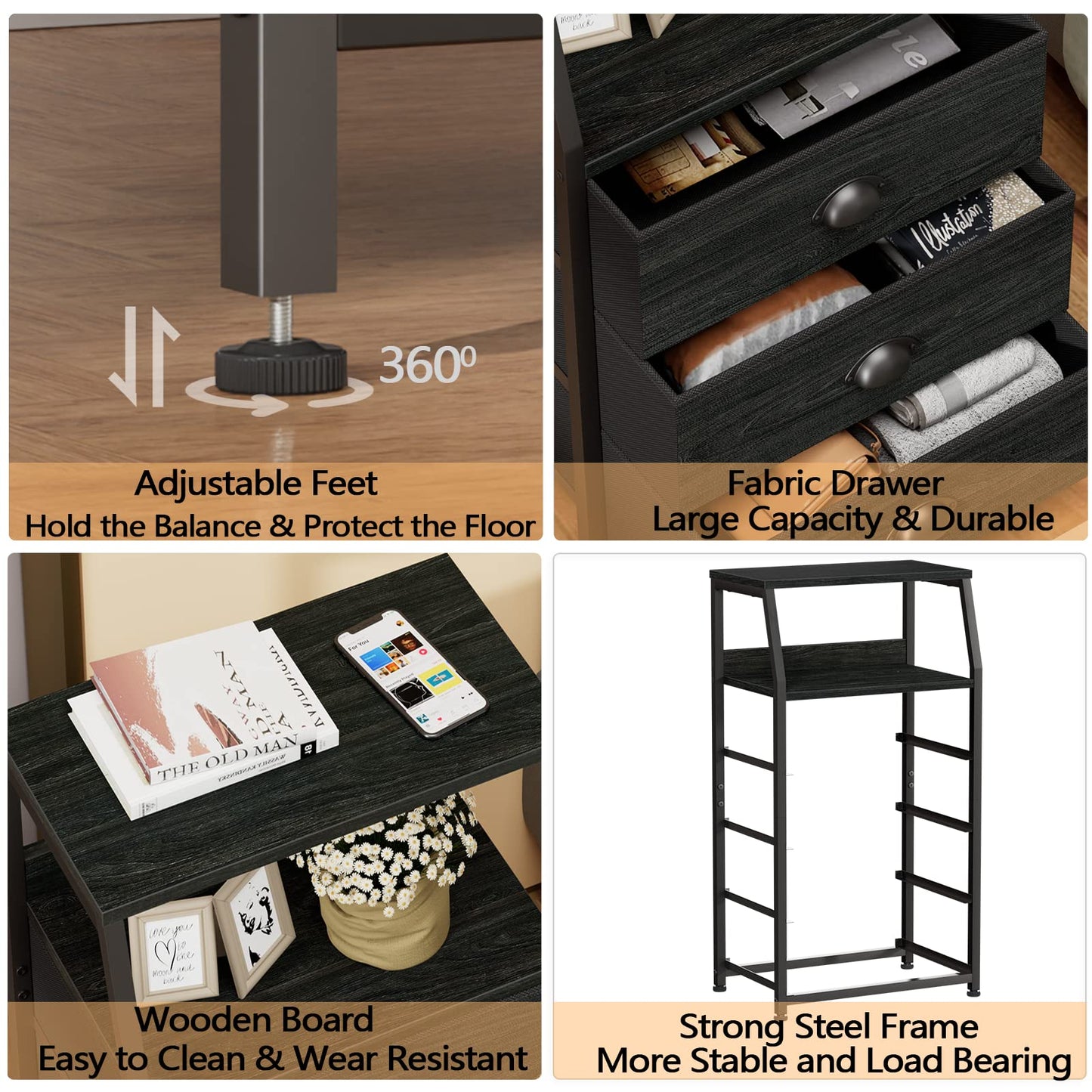 Furnulem Tall 4 Drawers Dresser, Vertical Storage Tower Black Dresser for Bedroom, Hallway, Entryway, Nursery, Closet Organizer, Nightstand Bedside Table Furniture, Sturdy Steel Frame, Wood Top