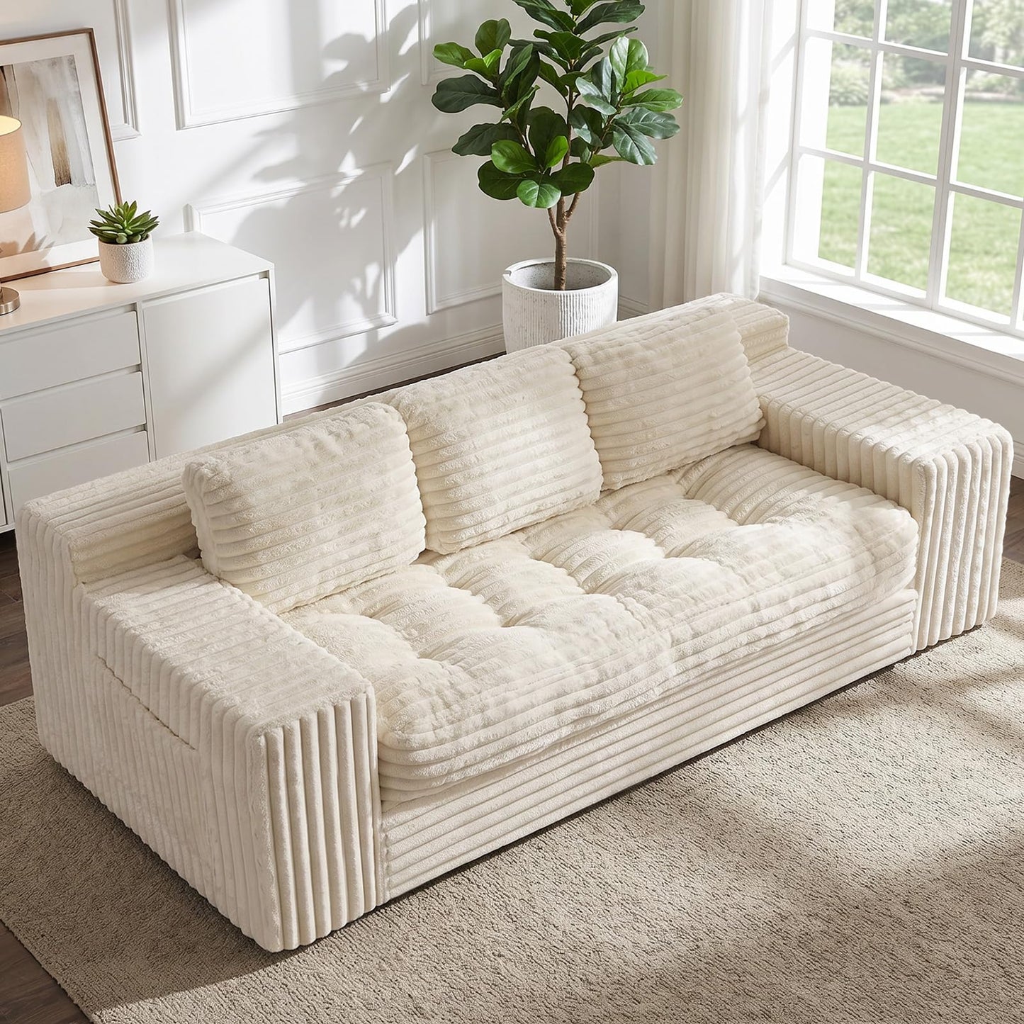 NLDD Boneless Couch, Cloud Loveseat Sofa Corduroy Couch in a Box, Upholstered Boneless 3 Seater Couch for Living Room Bedroom Office Apartment, No Assembly Required, Beige
