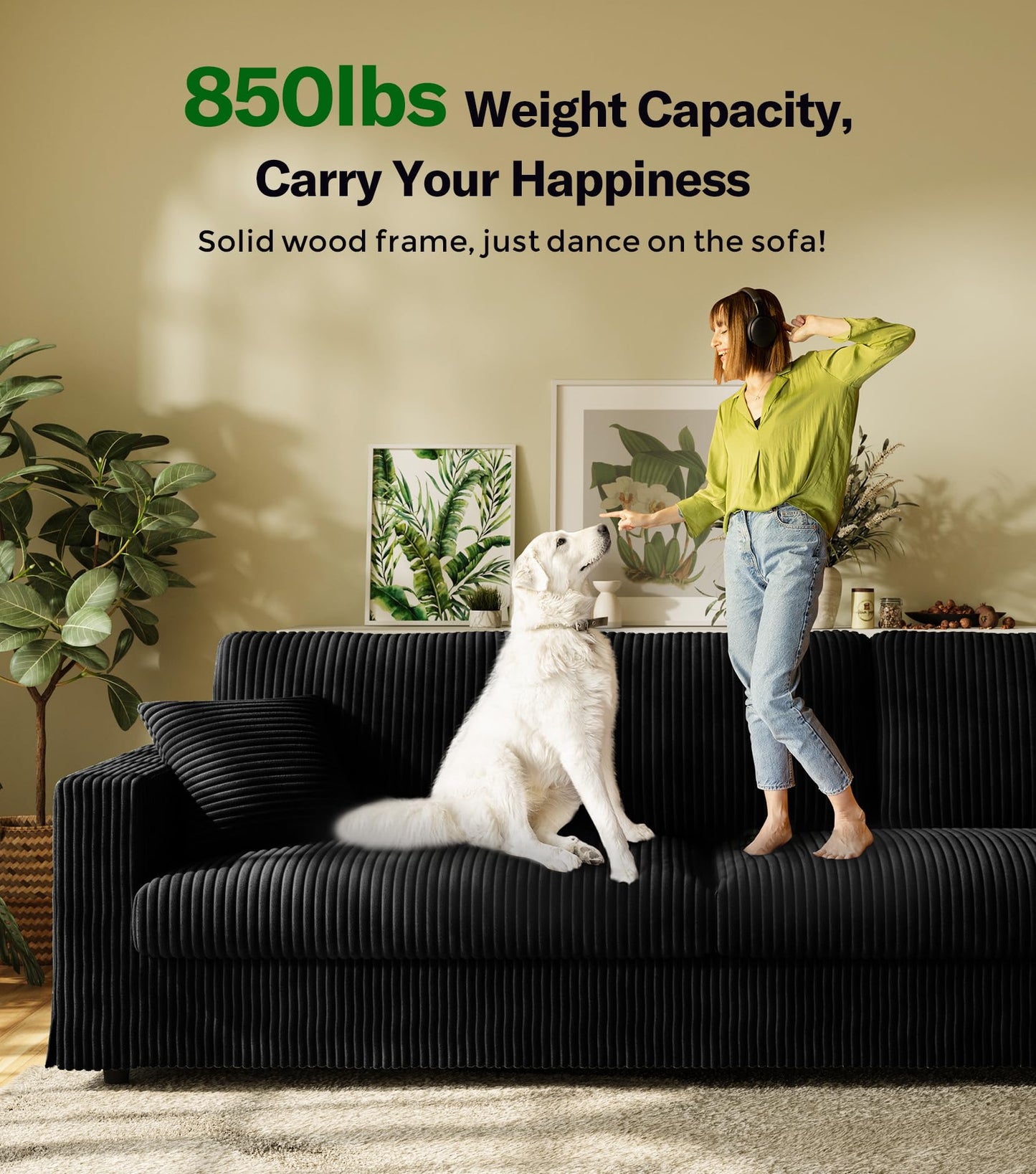 Welzona Plush Corduroy Couch, 101" Comfy Couches for Living Room, Tool-Free Setup Sofas for Living Room 6.3" Extra Wide Armrest, All-Wood Loveseat Sofa Couch for Bedroom/Office, 2 Pillows, Black