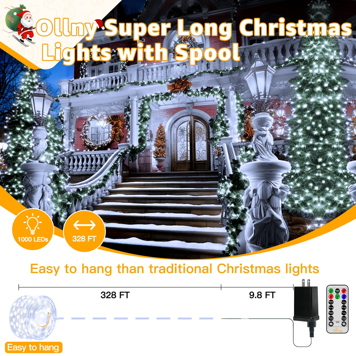 Ollny Christmas Lights Cool White, 600LED 197FT Christmas Tree Lights IP67 Waterproof, Plug in Fairy Lights with Remote 8 Modes Timer, Xmas Light for Outdoor Indoor House Holiday Decor