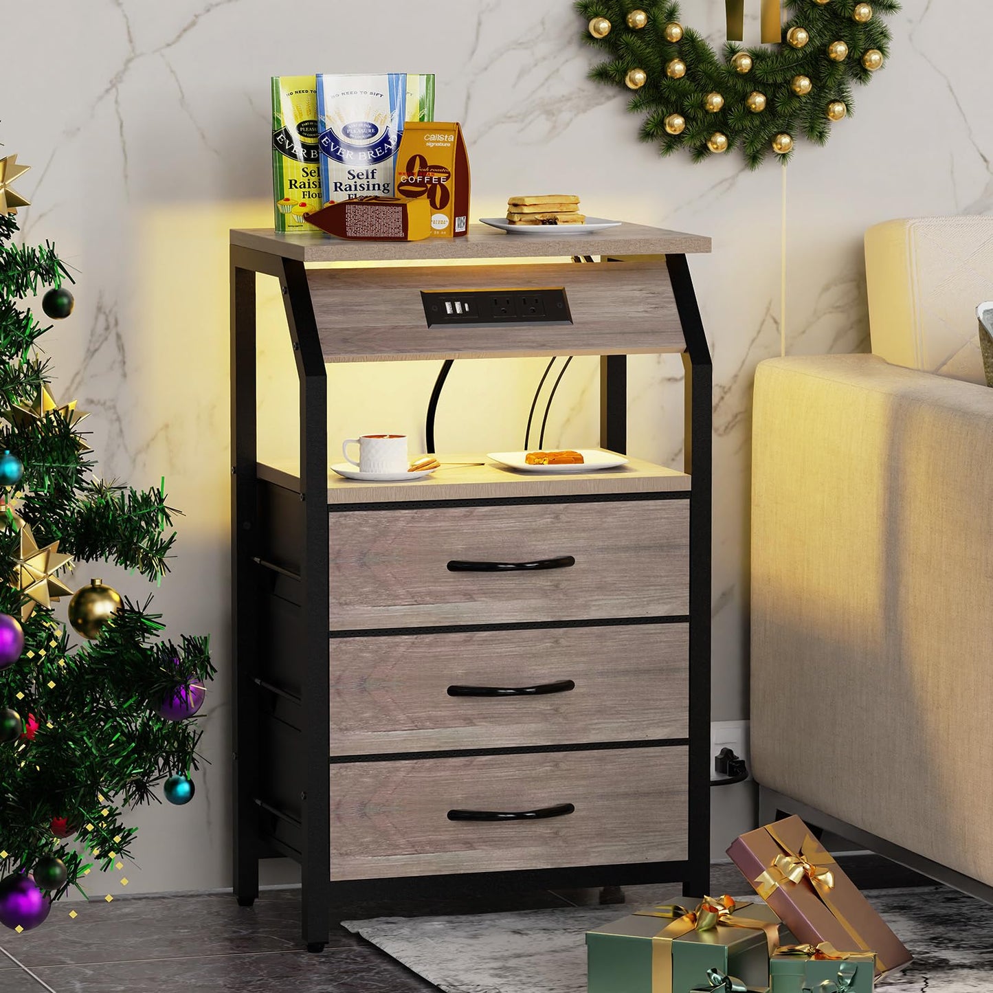 SZLHANJZ End Table with 3 Drawers, Night Stand with Charger Station and LED Lights, Small Nightstand with Fabric Storage, Farmhouse Side Table for Bedside, Living Room, Dorm, Greige