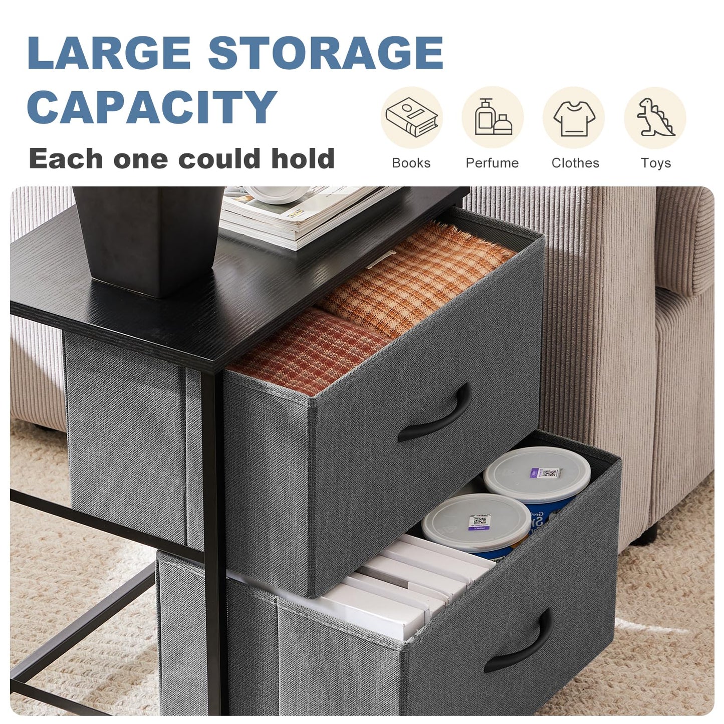 DUMOS Nightstand Small Dresser with 2 Fabric Drawers Side Bedroom End Table Kids Bedside Storage Furniture for 20 inch Tall Night Stand for Closet, Entryway, College Dorm, Ash
