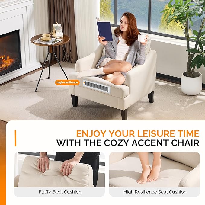 VINGLI Linen Fabric Accent Chair Beige, Modern Upholstered Armchair, Comfy Sofa