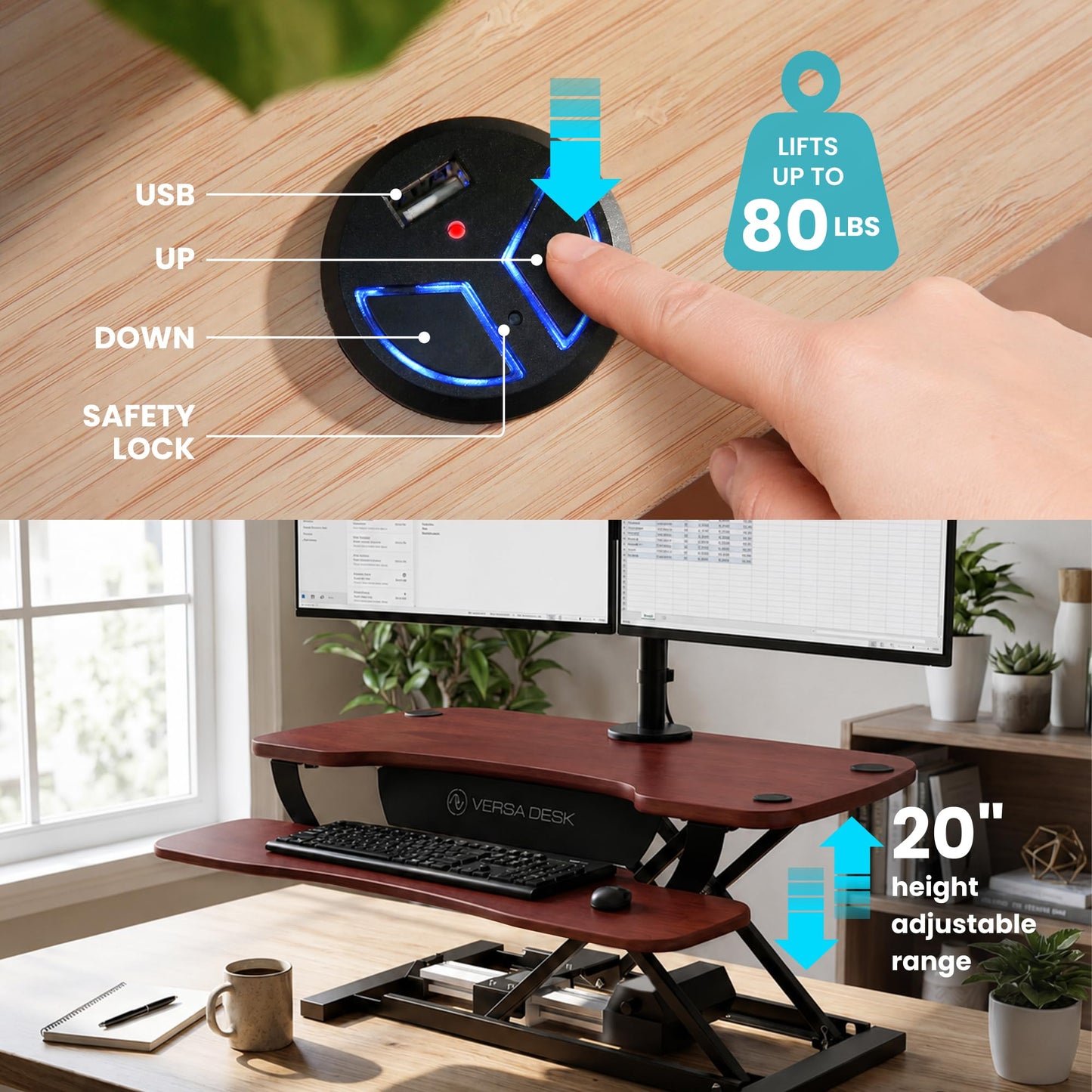 VERSADESK PowerPro 40” x 24” Standing Desk Converter | 7.75” - 23.5” Electric Height Adjustable Sit to Stand Desk Riser w/ Keyboard Tray & USB Hub - Ergonomic Workstation for Home & Office, Cherry