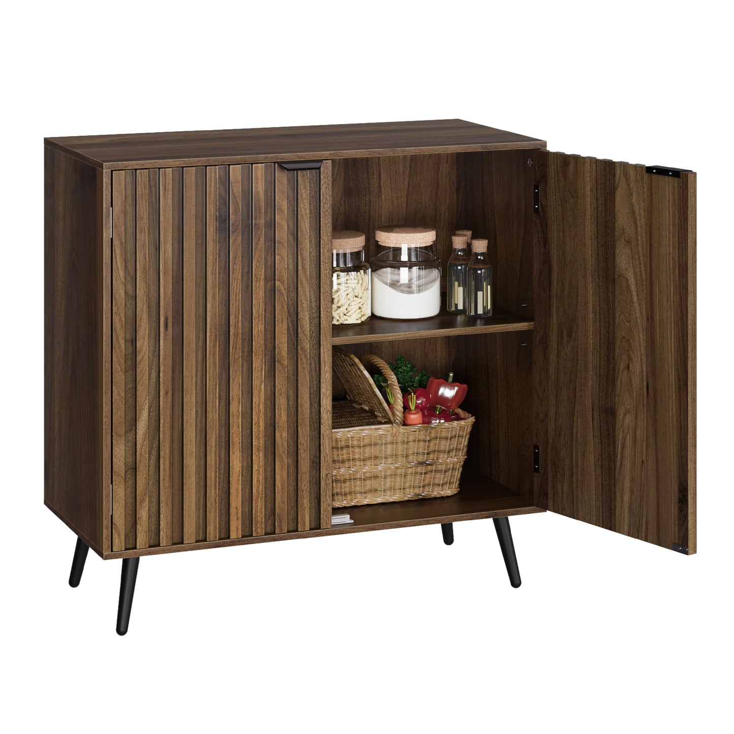 Smuxee Fluted Sideboard Cabinet, Freestanding Walnut Buffet Cabinet with Adjustable Shelf, Wood Storage Cabinet for Living Room, Entryway, Hallway