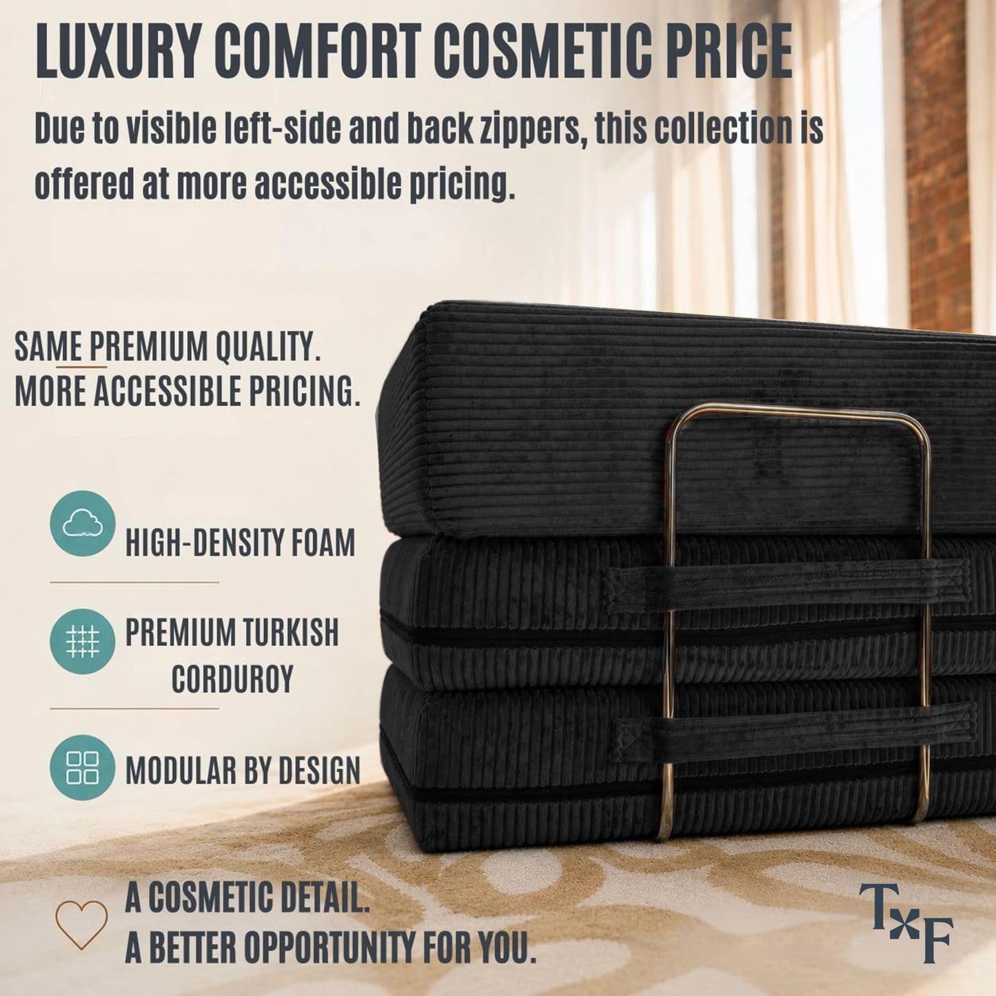 TUFT & FINCH Black Boneless Couch Sofa Bed - 82" Modular Corduroy Convertible Sleeper Sofa for Living Room – 3 Seater Folding Couch Bed, Pet-Friendly Removable Washable Covers, CertiPUR-US Foam