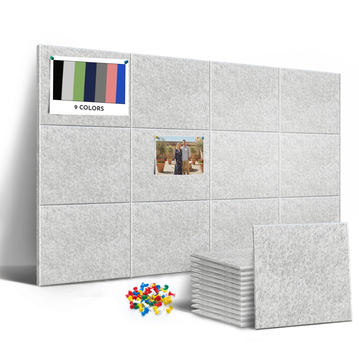 MISSDAY Light Grey Acoustic Wall Panel Large Felt Bulletin Board 48" x 36" Cork Board for Wall, 12-Pack Boards with 72 Adhesive Tabs, 50 Pins, Pin Board for Home Office Classroom Soundproof Wall Tile
