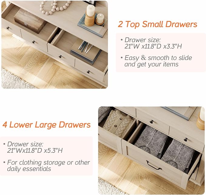 WAMPAT 6 Drawers Dresser for Bedroom, Elegant Wooden Chest of Drawers Kids