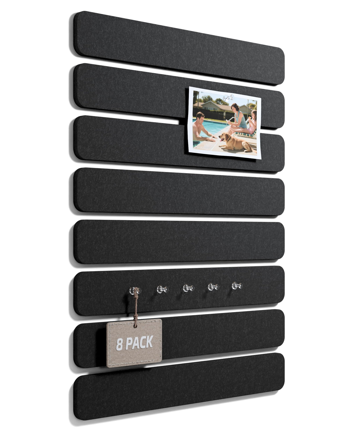 Fluxynara Cork Board Alternative Felt Strip Board 8-Pack 13"x2", Office Pin Board with 50 Push Pins, Adhesive Install for Bedroom Door & Home Office (Black)