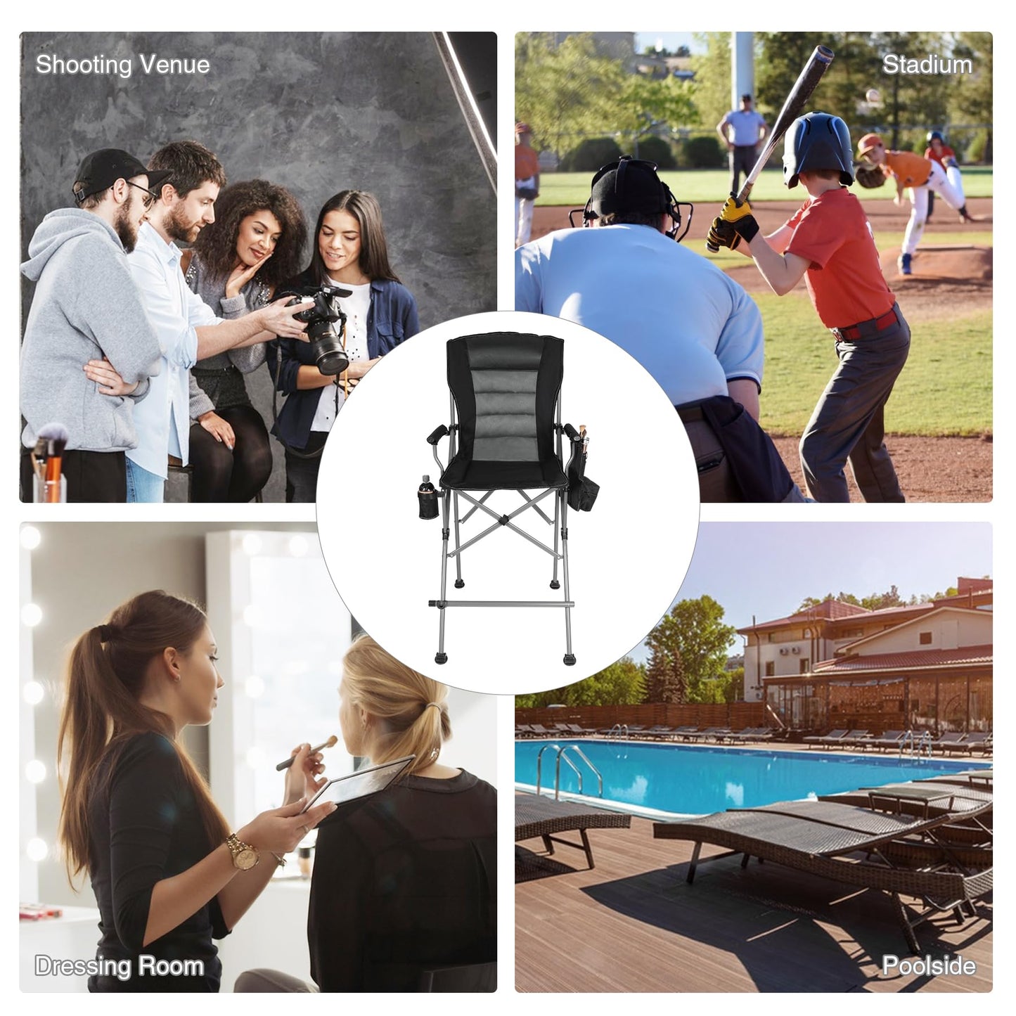 Stonehomy Extra Tall Folding Chairs for Adults 2 Pack, Portable Bar Height Foldable Director Chairs for Camping Outside, Comfortable with Makeup PocketHigh Back and Footrest, Black