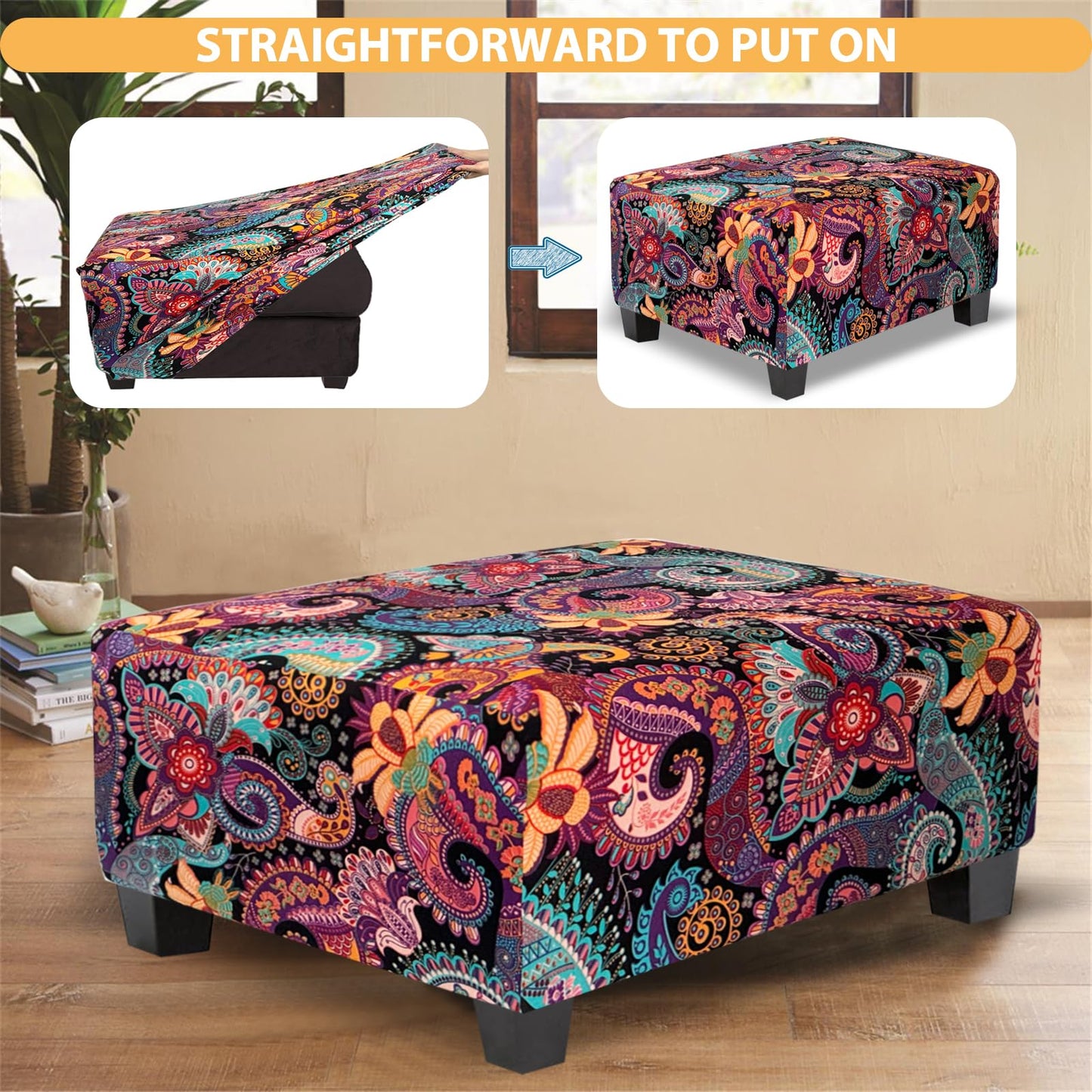 TOPHMDECOR Rectangle Ottoman Cover Printed,Stretch Footstool Slipcover with Elastic Bottom,Soft Fabric Protector for Rectangular Ottoman in Living Room or Bedroom,Medium,Purple
