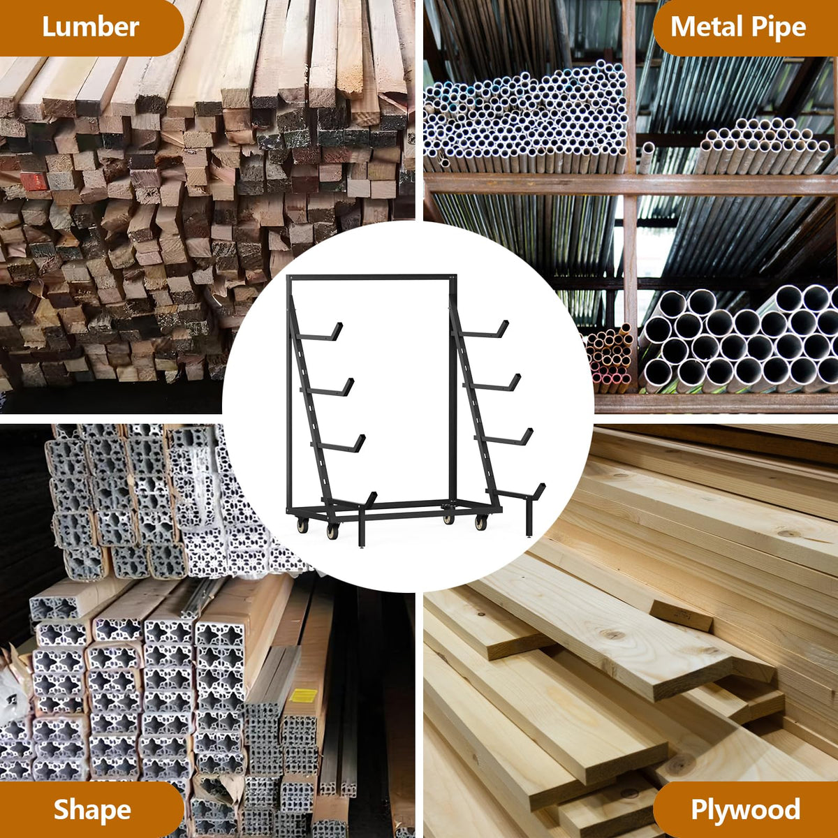 4 Tier Pipe And Lumber Storage Rack - Heavy Duty Pipe Rack With 4IN Swivel Casters And Adjustable Support Bar Weight Capacity Up To 1200LBS, Plywood Storage Shelf For Garage, Workshop And Warehouse