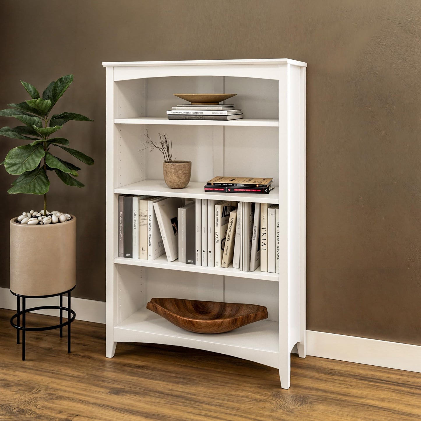 Camaflexi Shaker Style 4 Shelf Bookcase / Solid Wood / 48 inch High / Adjustable Shelving / Closed Back / Display Bookshelf for Living Room, Bedroom, Home and Office, White