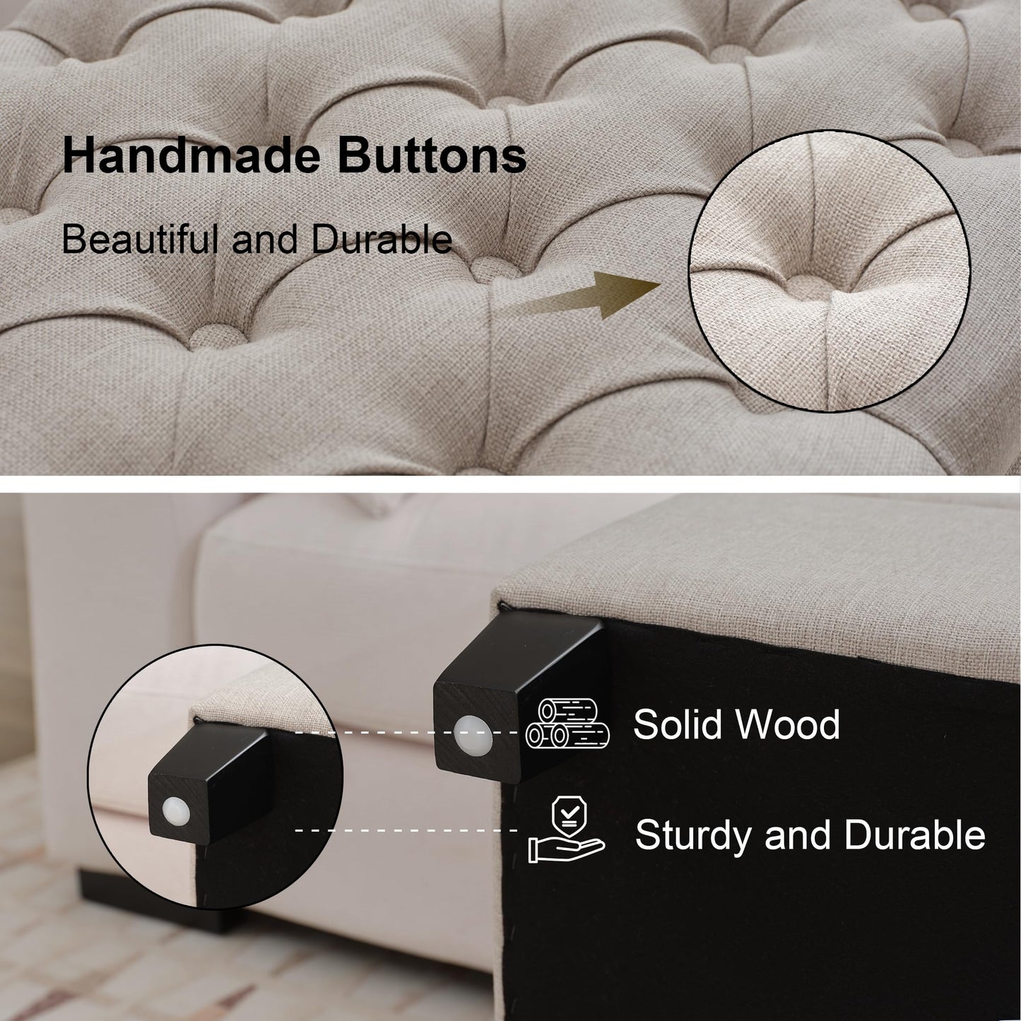 UDAX 51" Storage Ottoman for Bedroom & Living Room, End of Bed Bench with Black Wooden Legs, Linen Upholstered Tufted Ottoman, Entryway Storage Bench, Beige