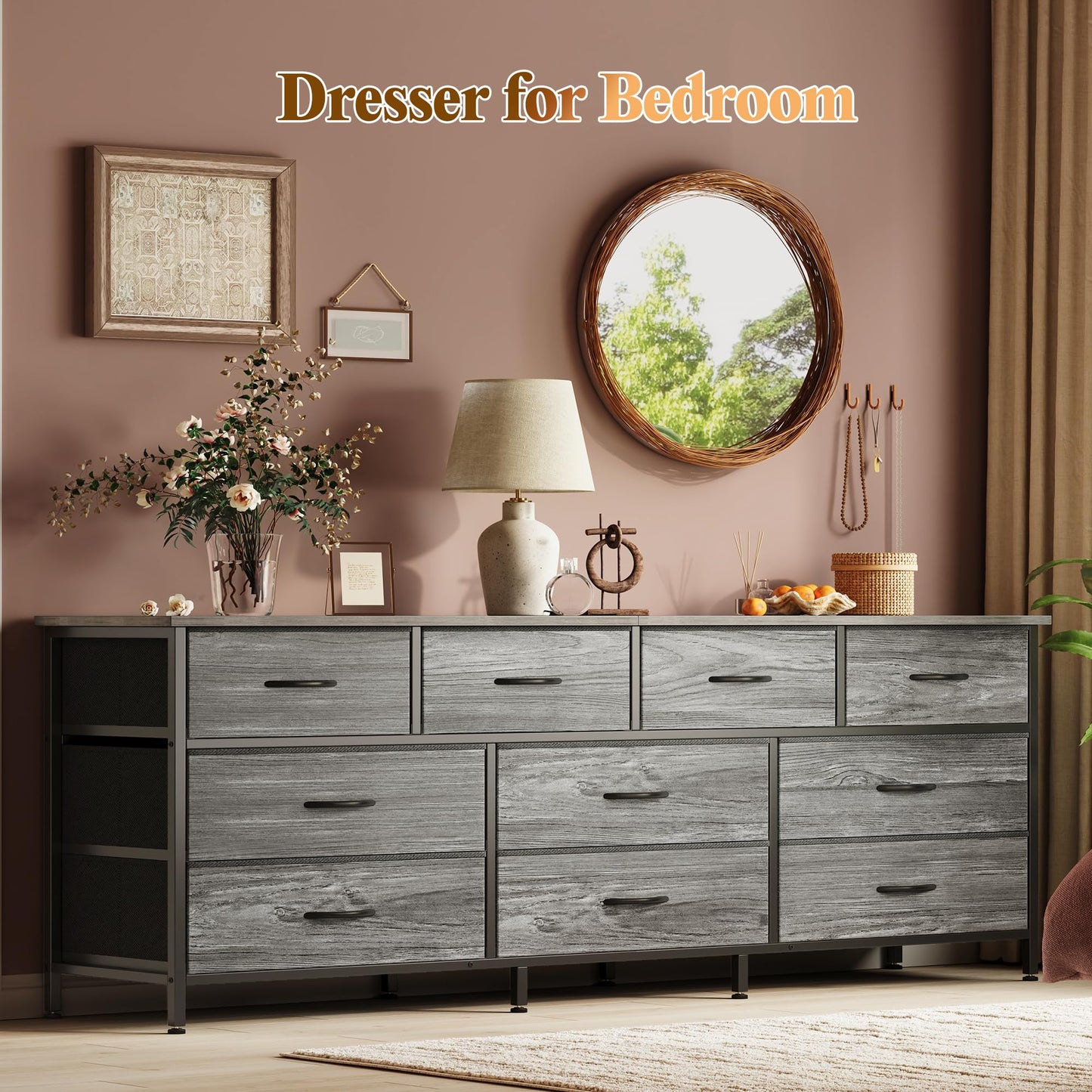 Huuger 63 Inch Dresser for Bedroom, Long Dresser with 10 Fabric Drawers, TV Stand for 55, 65, 70 Inch TV, Toy Storage Organizer for Closet, Grey