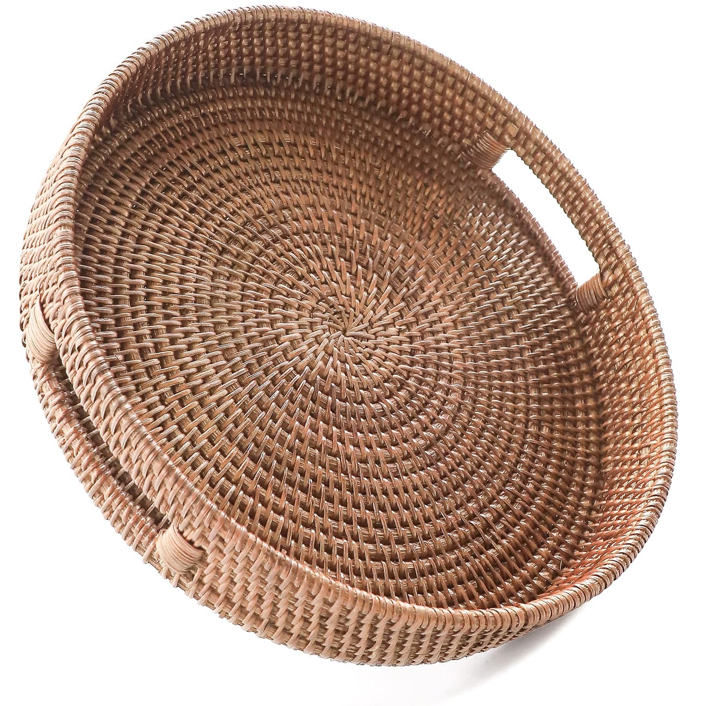 HITOMEN 11.8" Hand-Woven Round Rattan Serving Tray Decorative Wicker Trays with Handles for Coffee Table (Warm Brown-M)