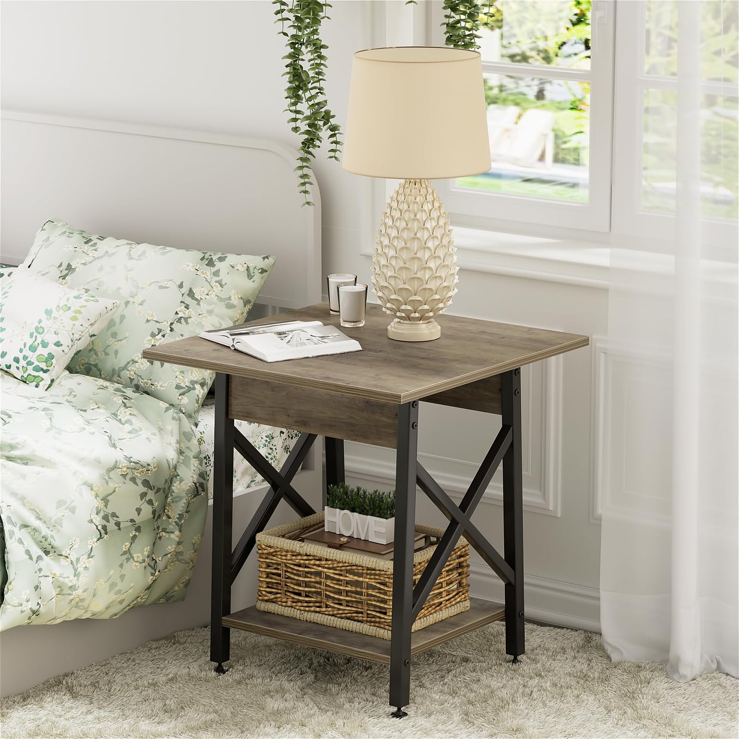 GreenForest Square End Table for Living Room, 24 Inch Large Side Table with X-Frame, Farmhouse Tall Bedside Nightstand with 2-Tier Storage Shelf, Gray Wash
