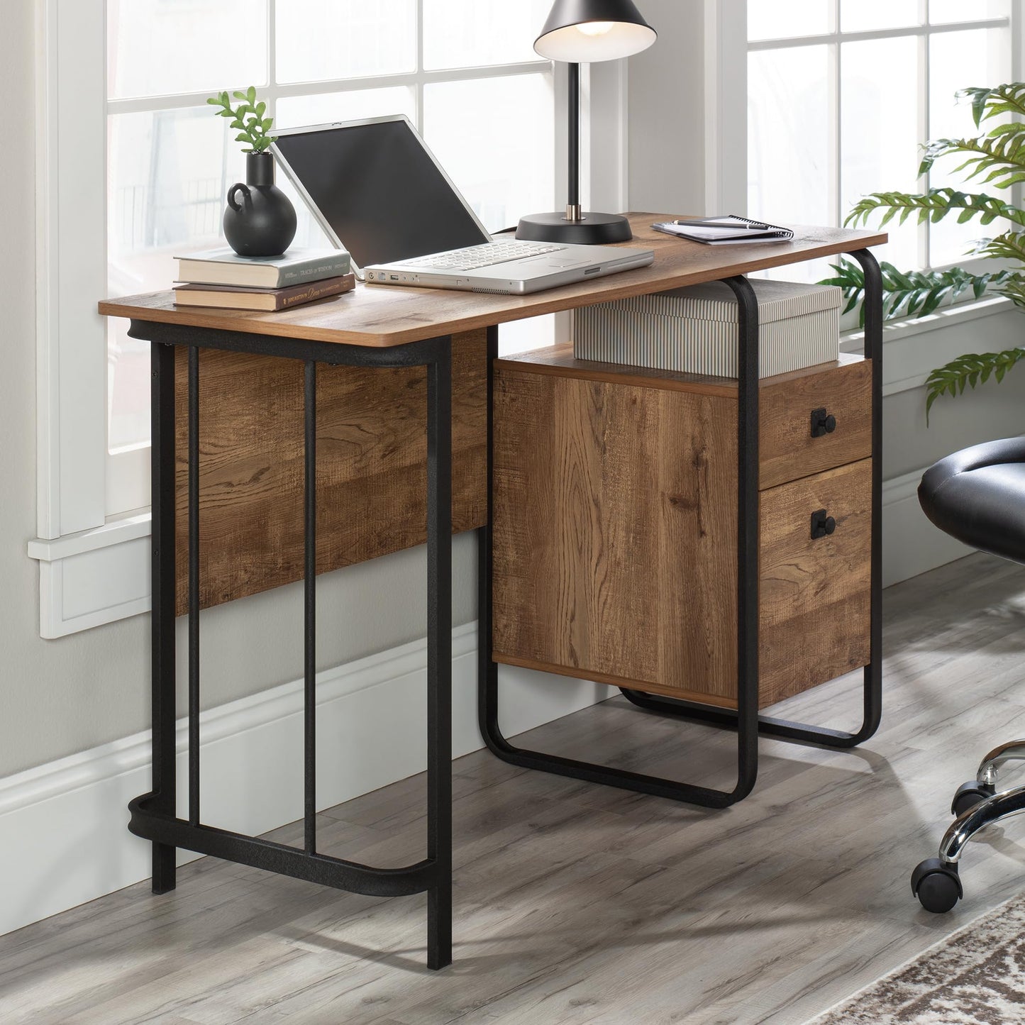 Sauder Station House Single Pedestal Desk, Etched Oak Finish