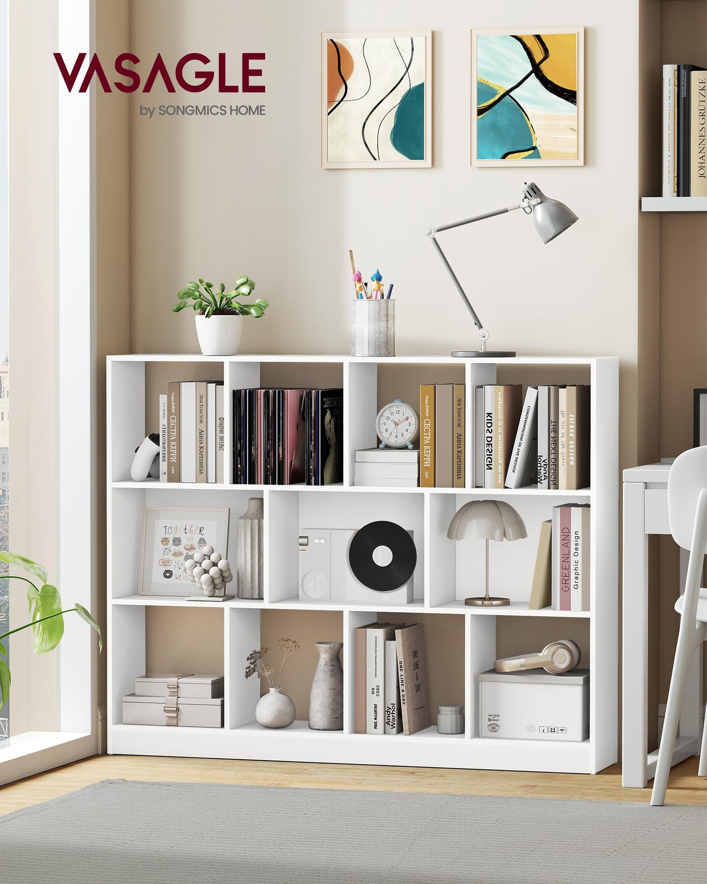 VASAGLE Custos Collection - Bookshelf, 3-Tier Bookcase, Book Shelf, Open Storage Shelf, 9.4 x 49.6 x 39.4 Inches, for Living Room, Home Office, Dining Room, Cloud White ULBC454W01