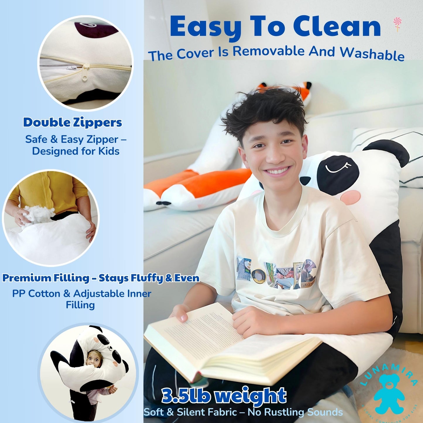 LUNAMIRA Panda Kids Body Pillow - 47" U-Shape Long Plush Soft Animal Pillow for Kids, Sleeping, Reading, ADHD & Special Needs Comfort, Anxiety, Washable Cover, Snuggle Fun Cuddle Gift for Boys & Girls