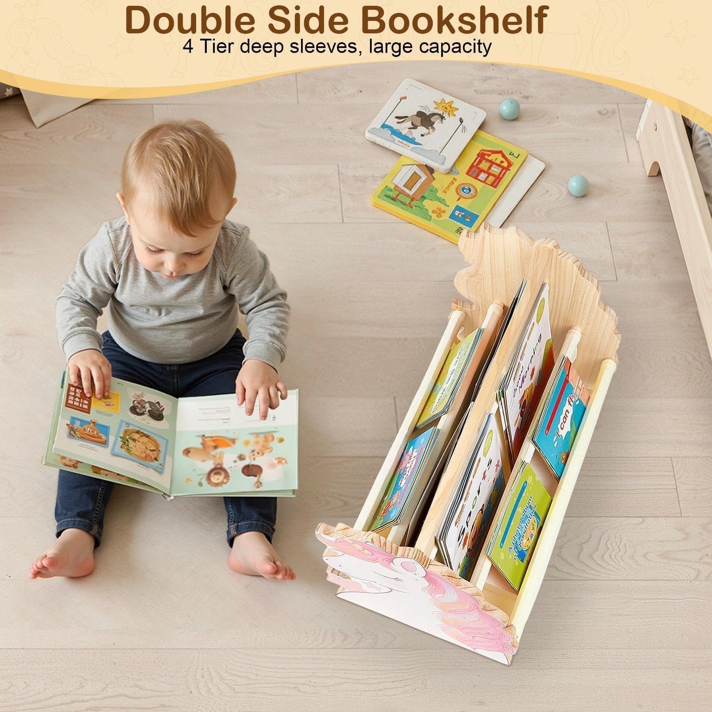 SheSeek Toddler Bookshelf Double-Sided with 4 Tier Deep Sleeves Kids Wooden Montessori Book Rack for Baby Nursery Room, Playroom, Classroom or Bedroom Bookcase Storage Organizer, Pink Unicorn