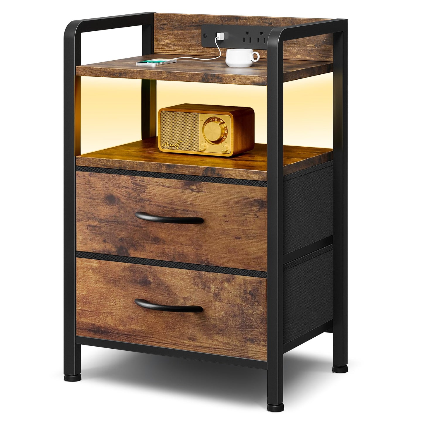 Lazzanto Night Stand Bedside Table Bedroom - Nightstand with Charging Station, Night Stand with LED Light Strip, End Table with U-S-B Ports & AC Outlets, Storage Shelf & 2 Fabric Drawers, Rustic Brown