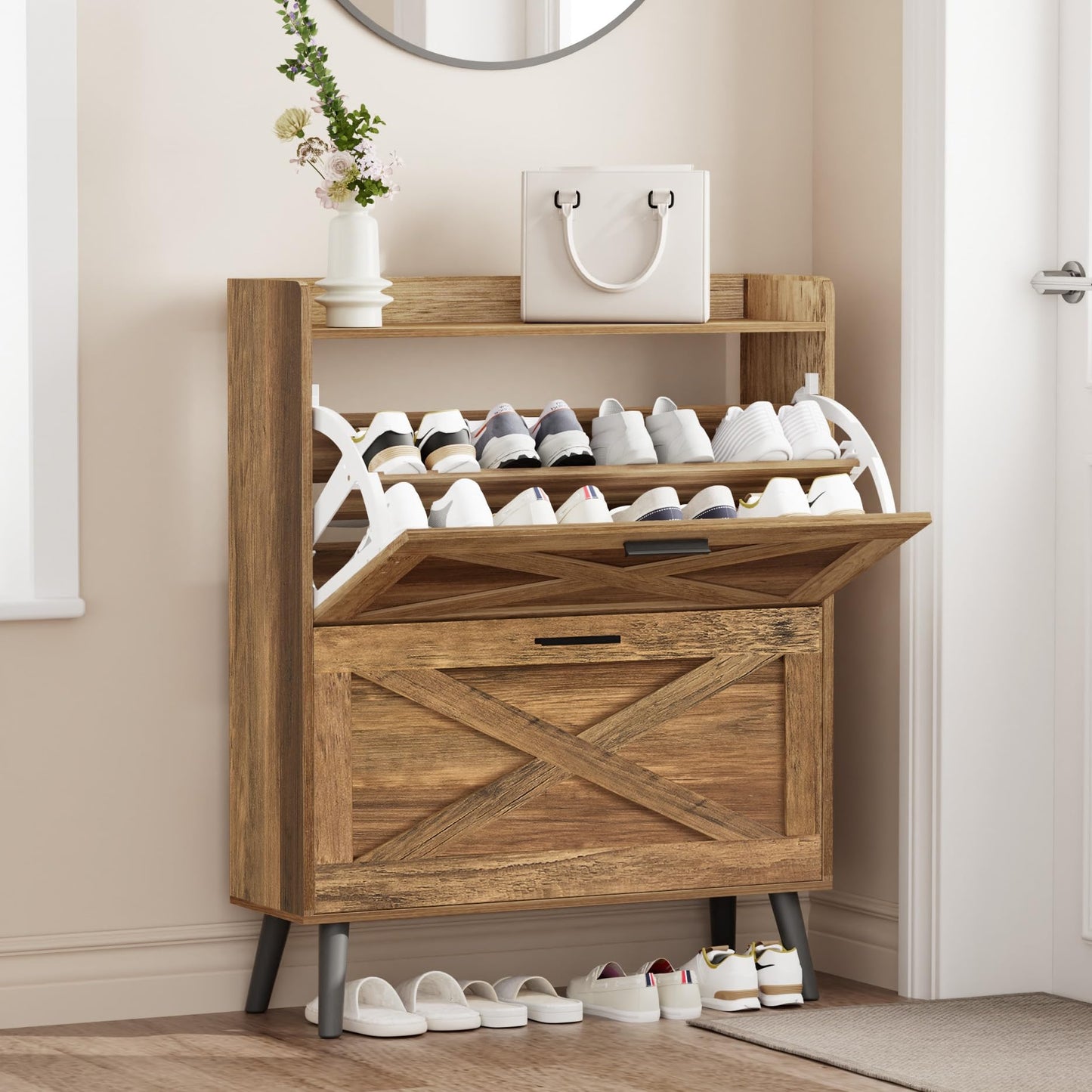 Homleke 32" W Farmhouse Shoe Storage Cabinet with 2 Flip Drawers and Barn Door Design, Adjustable Shelves, Hidden Slim Narrow Shoe Rack Cabinet for Entryway, Foyer, Hallway, Living Room, Rustic Walnut