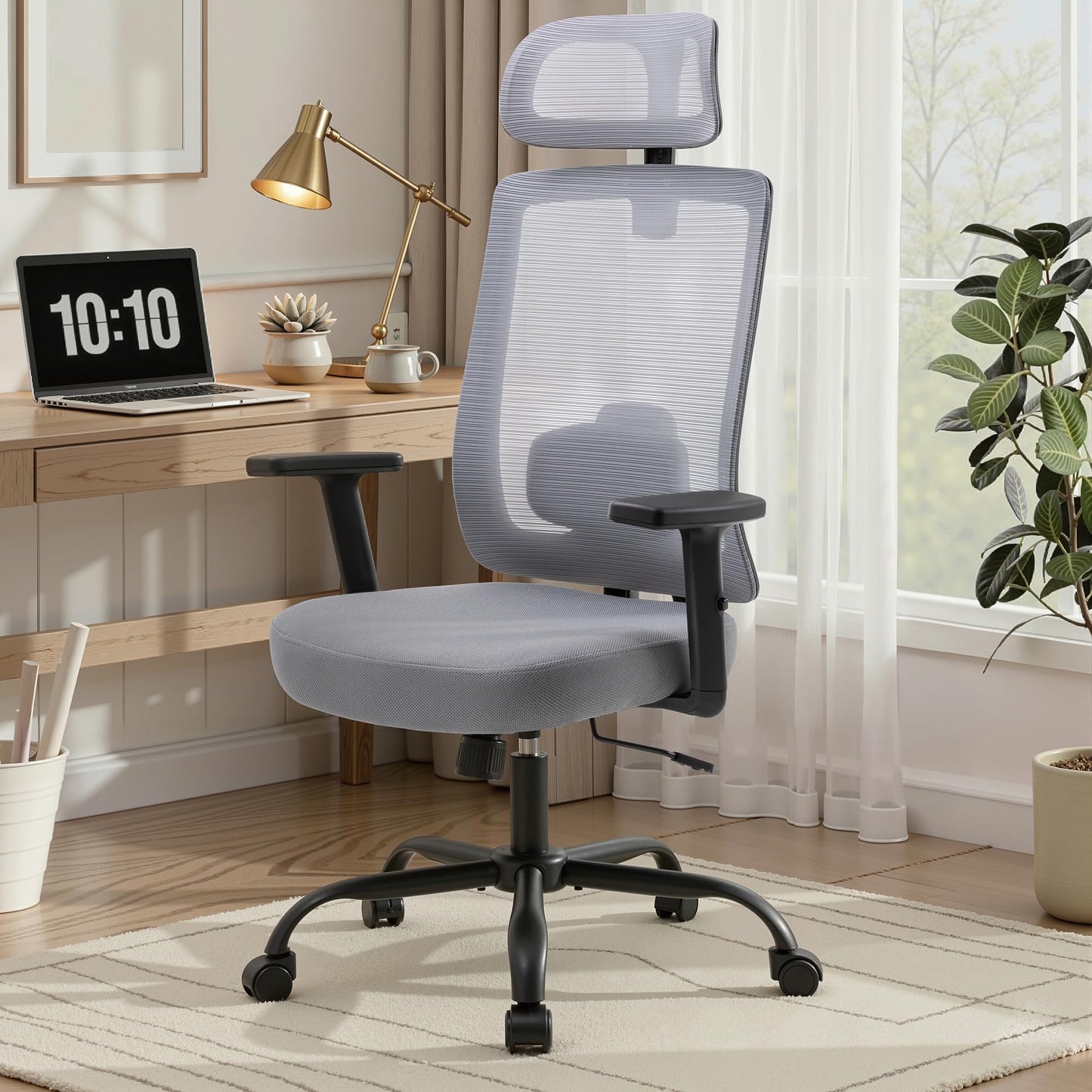Meilocar Ergonomic Office Chair, Office Desk Chair with High Back Mesh and Adjustable Lumbar Support, Rolling Work Chairs with Wheels and Adjustable Headrests, Wide Cushion, Grey