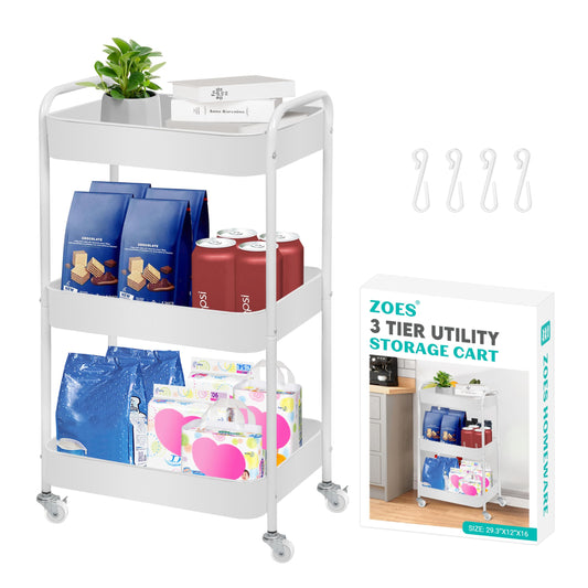 ZOES HOMEWARE 3 Tier Rolling Cart, Metal Utility Cart with 4 Hooks, Rolling Storage Cart on Wheels, Small Organizer Cart for Nursery, Kitchen, Living Room, Bathroom, White