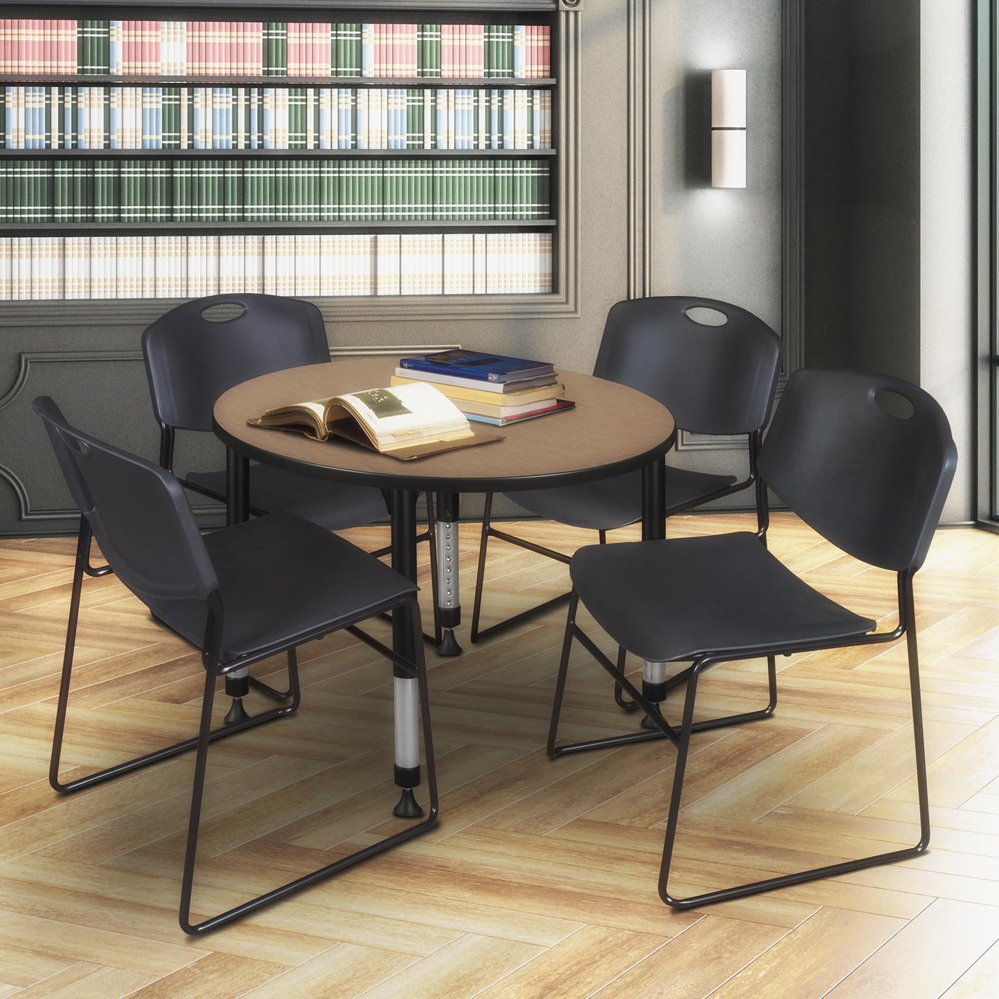 Romig Trek 36 in. Round Height Adjustable Classroom Activity Table- Noble Oak Top & Black Base