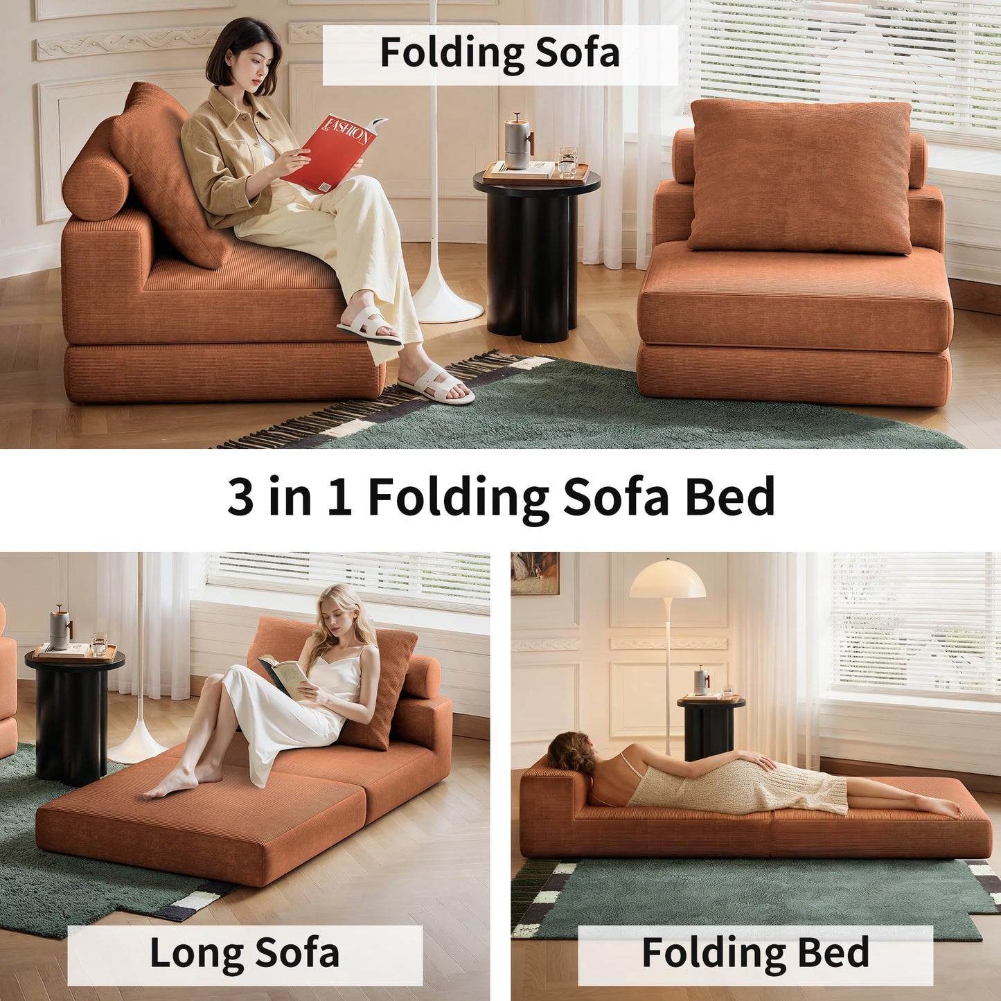 Lumbershed Folding Sofa Bed, 3-in-1 Convertible Sleeper Chair Bed with Pillows, Foldable Floor Couch with High-Density Foam, Futon Small Boneless Couch for Living Room Bedroom Lounge, Single, Brown