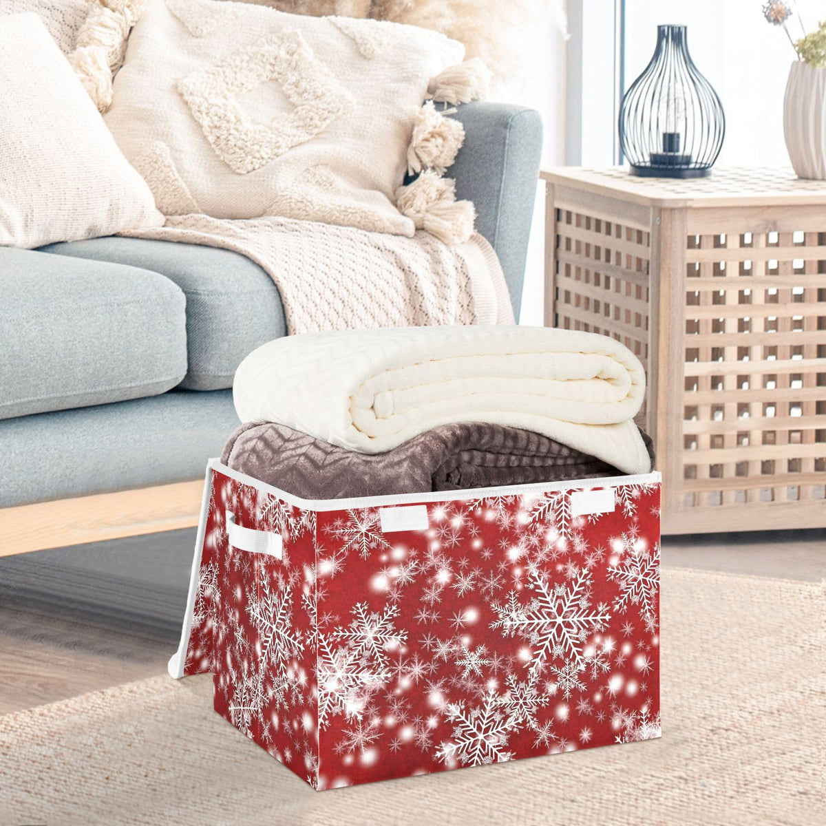 senya Christmas Baskets Collapsible Storage Bins with Lids, Christmas Background with Snowflakes Red Storage Boxes Clothes Baskets for Organizing