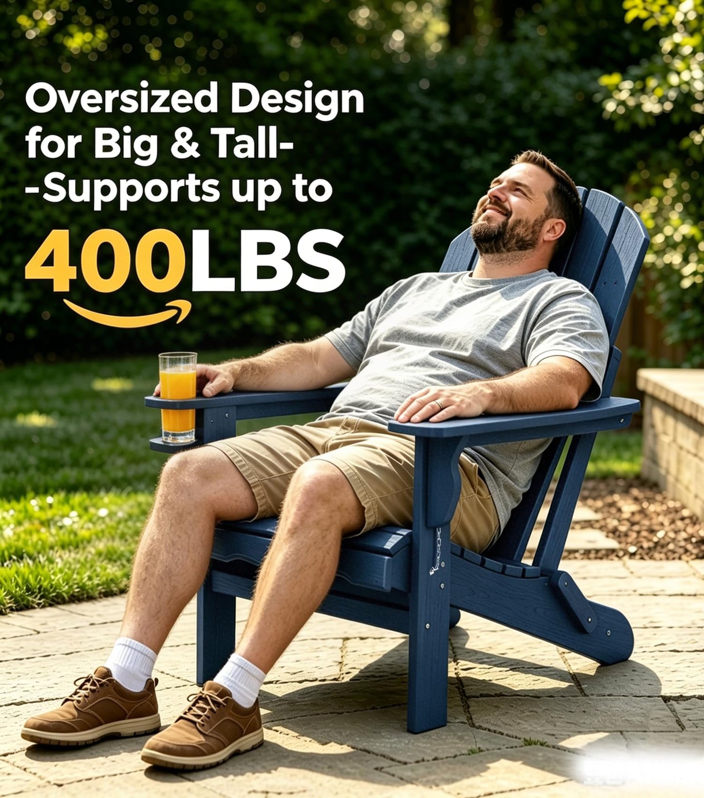 CLOUDEEP Folding Adirondack Chairs, HDPE Plastic Adirondack Chair with Cup Holder Weather Resistant, Wood Texture Outdoor Fire Pit Chairs for Patio Garden,Poolside and Deck, Umbrella Hole, Dark Blue